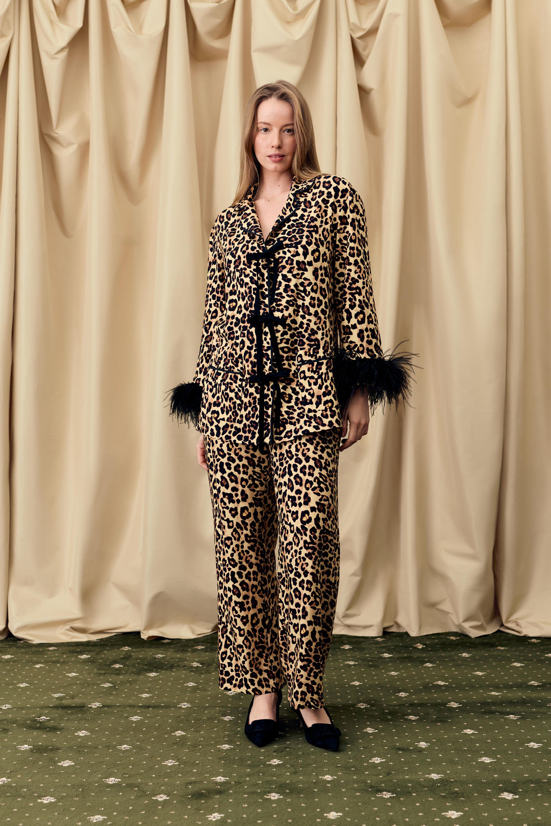 The Bow Pajama Set with Detachable Feathers in Leopard