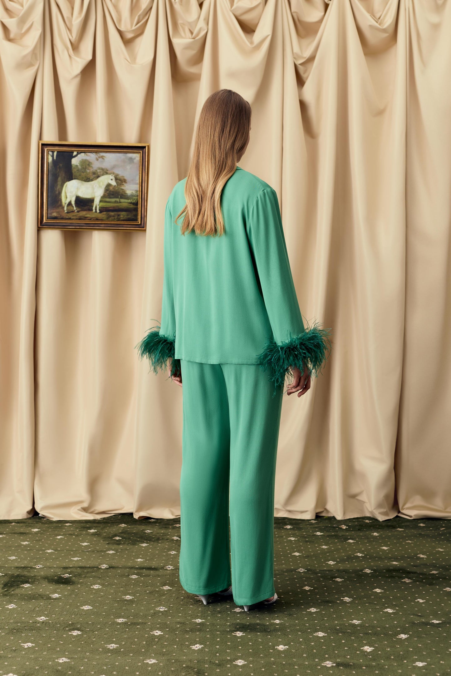 The Bow Pajama Set with Detachable Feathers in Green