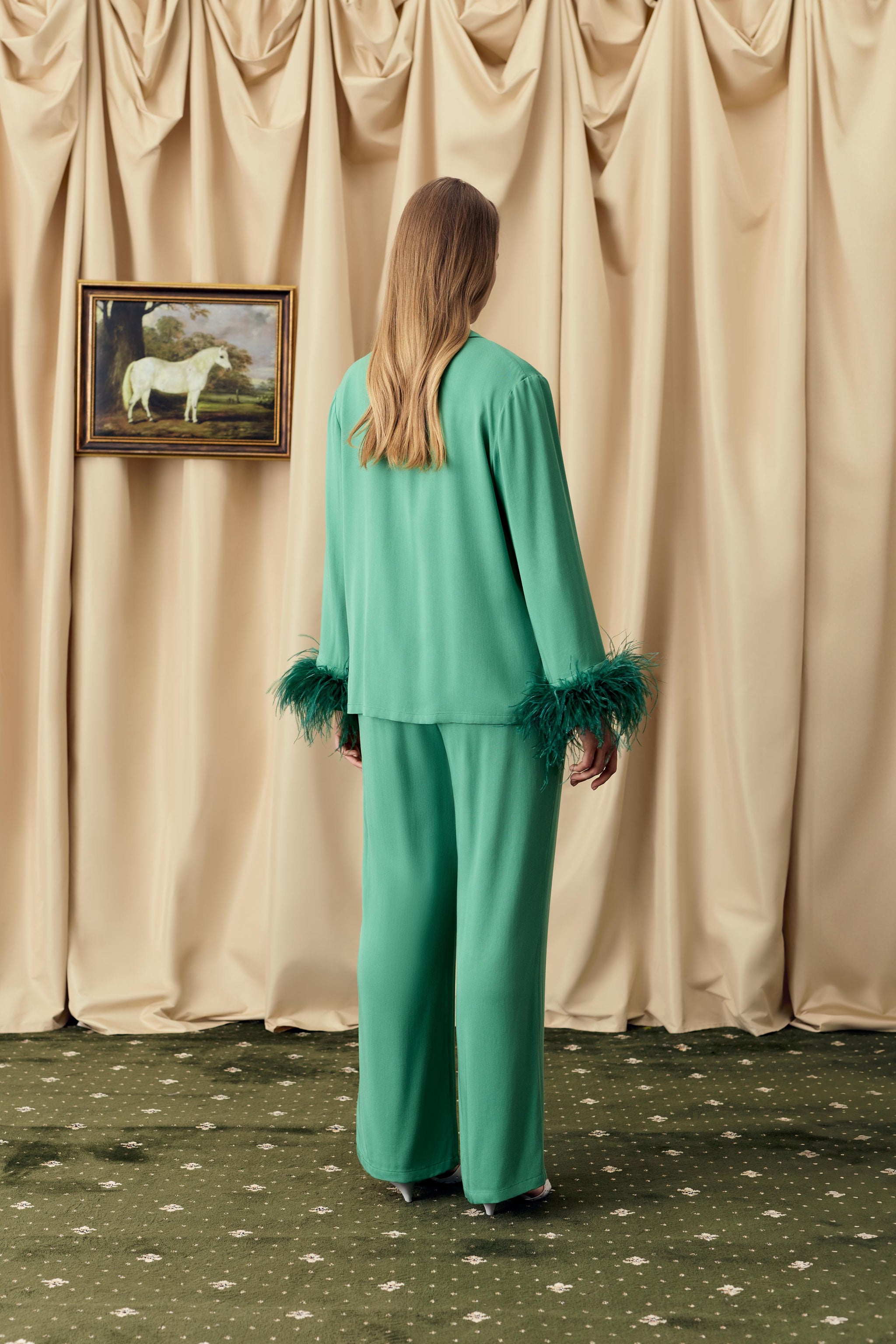The Bow Pajama Set with Detachable Feathers in Green