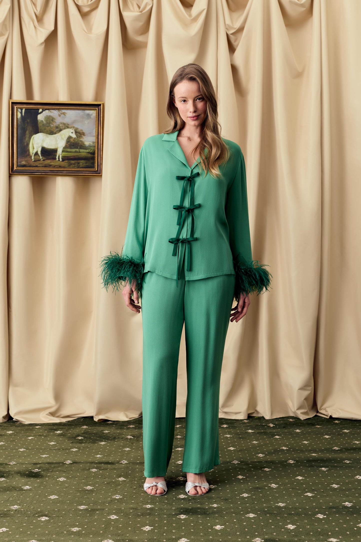 The Bow Pajama Set with Detachable Feathers in Green