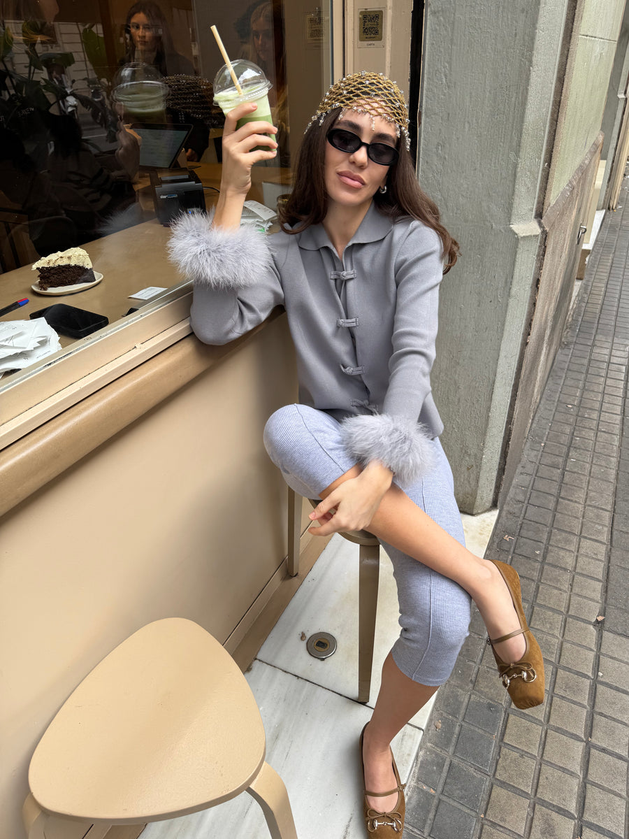 Crane Knitted Cardigan with Detachable Feathers in Grey