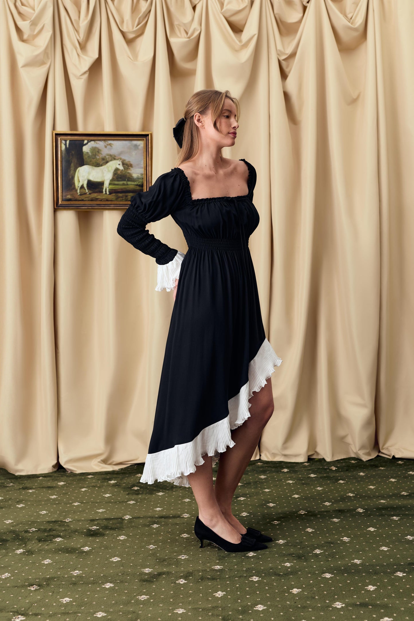 Juliette Shirred Asymmetric Dress in Black