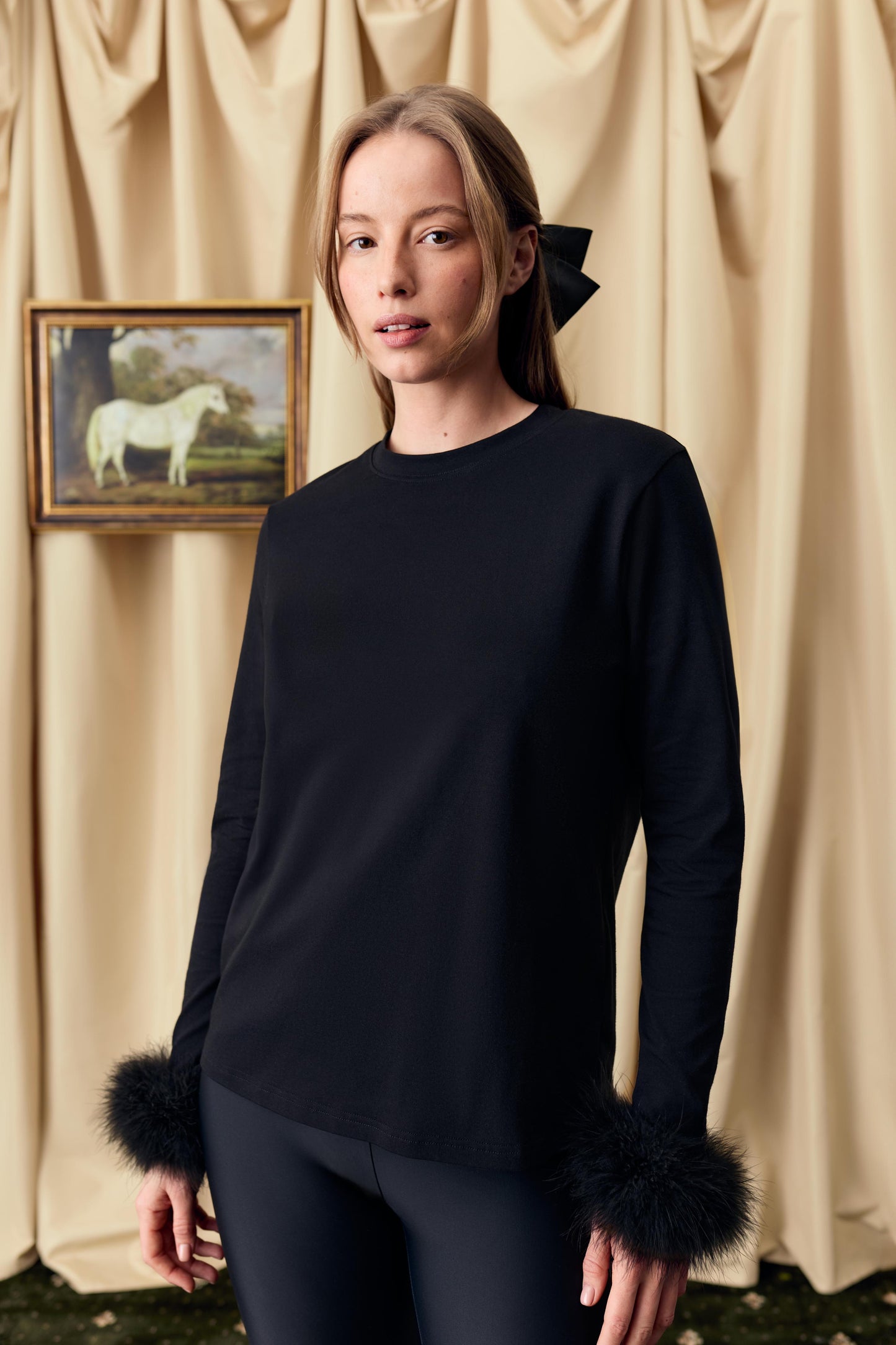 Long Sleeve Stretch-cotton Jersey T-Shirt with Detachable Feathers in Black