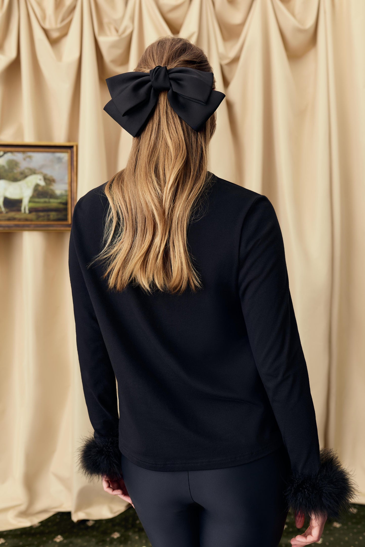 Long Sleeve Stretch-cotton Jersey T-Shirt with Detachable Feathers in Black