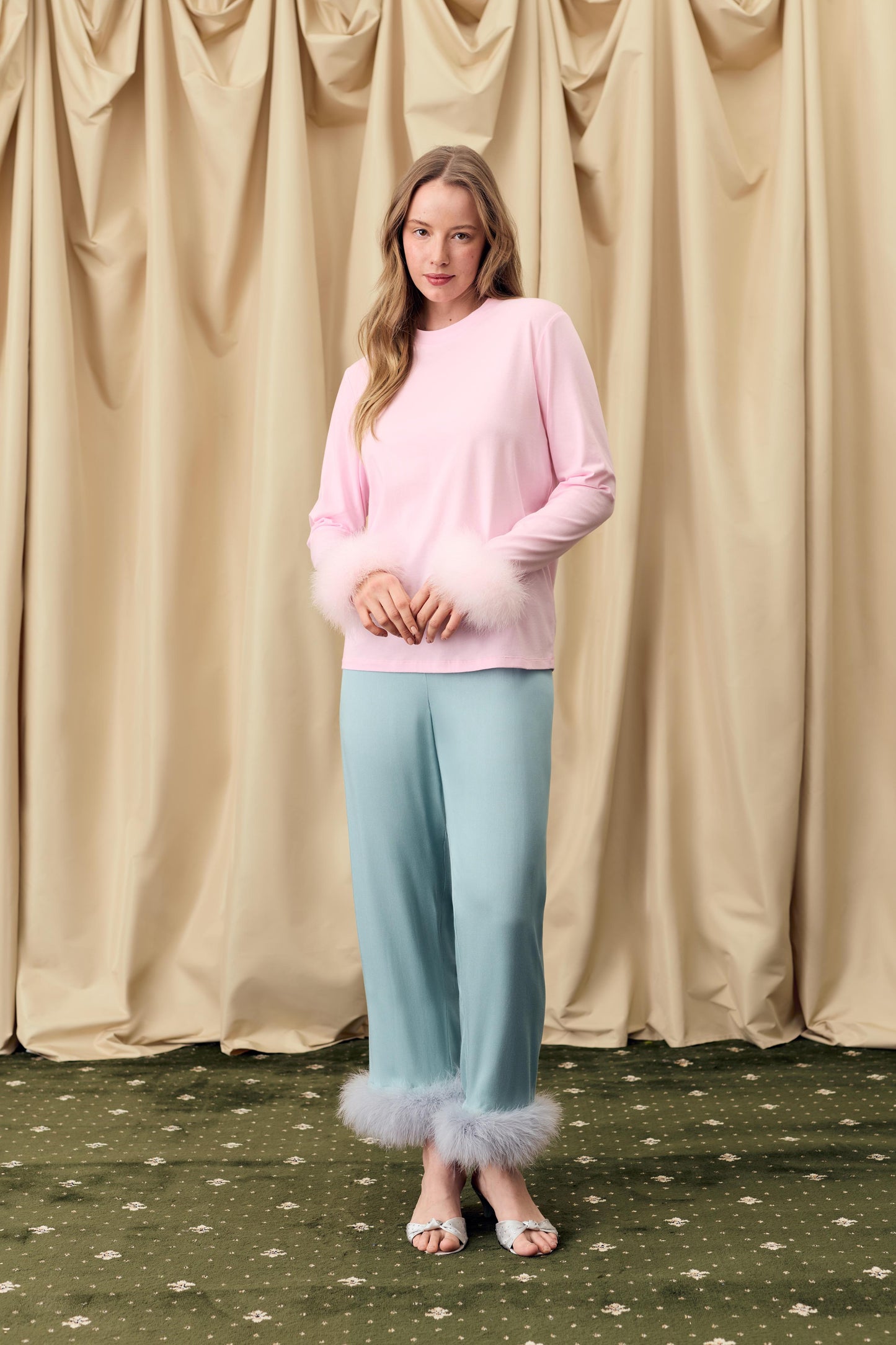Long Sleeve Stretch-cotton Jersey T-Shirt with Detachable Feathers in Pink