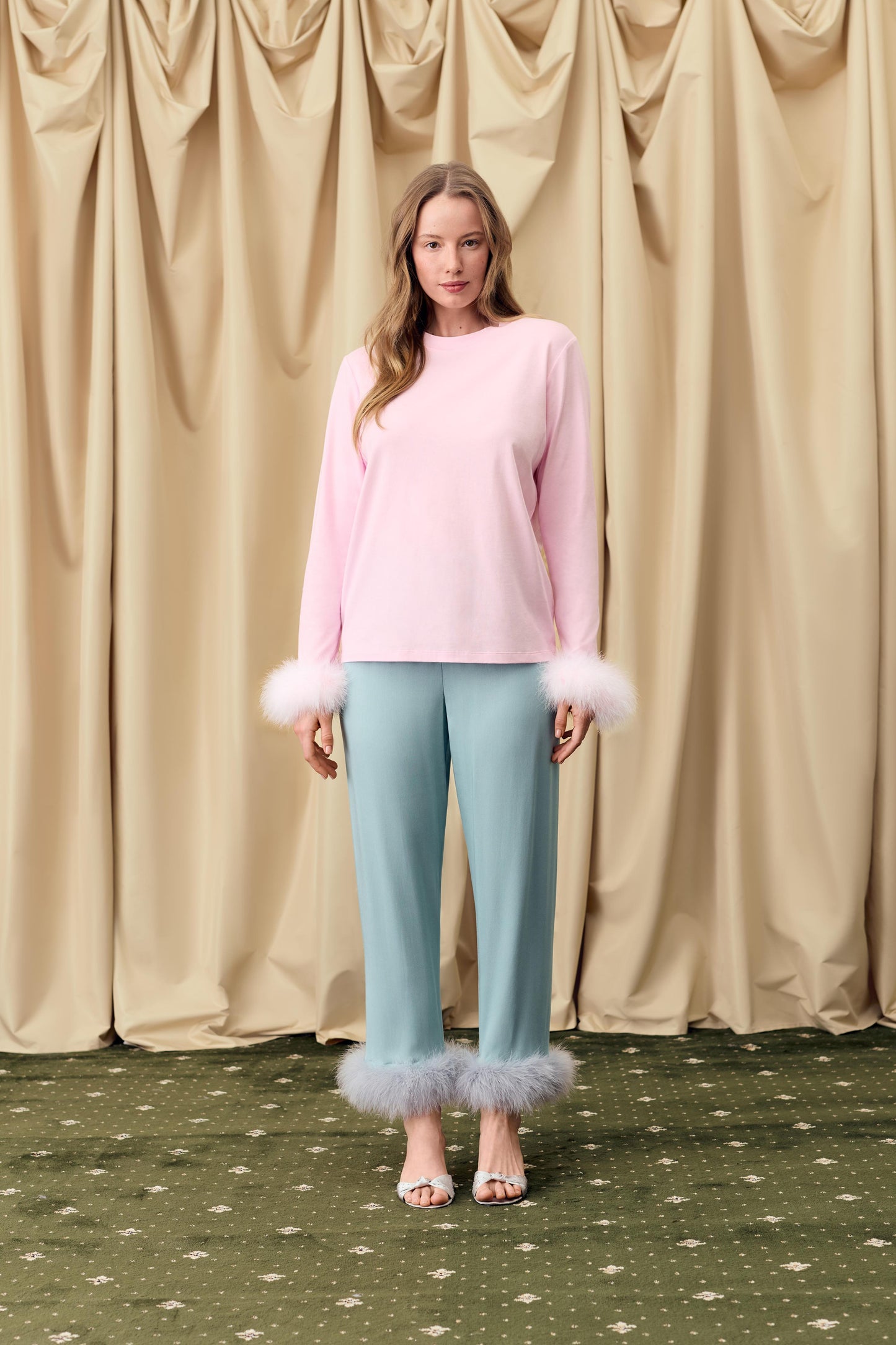 Long Sleeve Stretch-cotton Jersey T-Shirt with Detachable Feathers in Pink