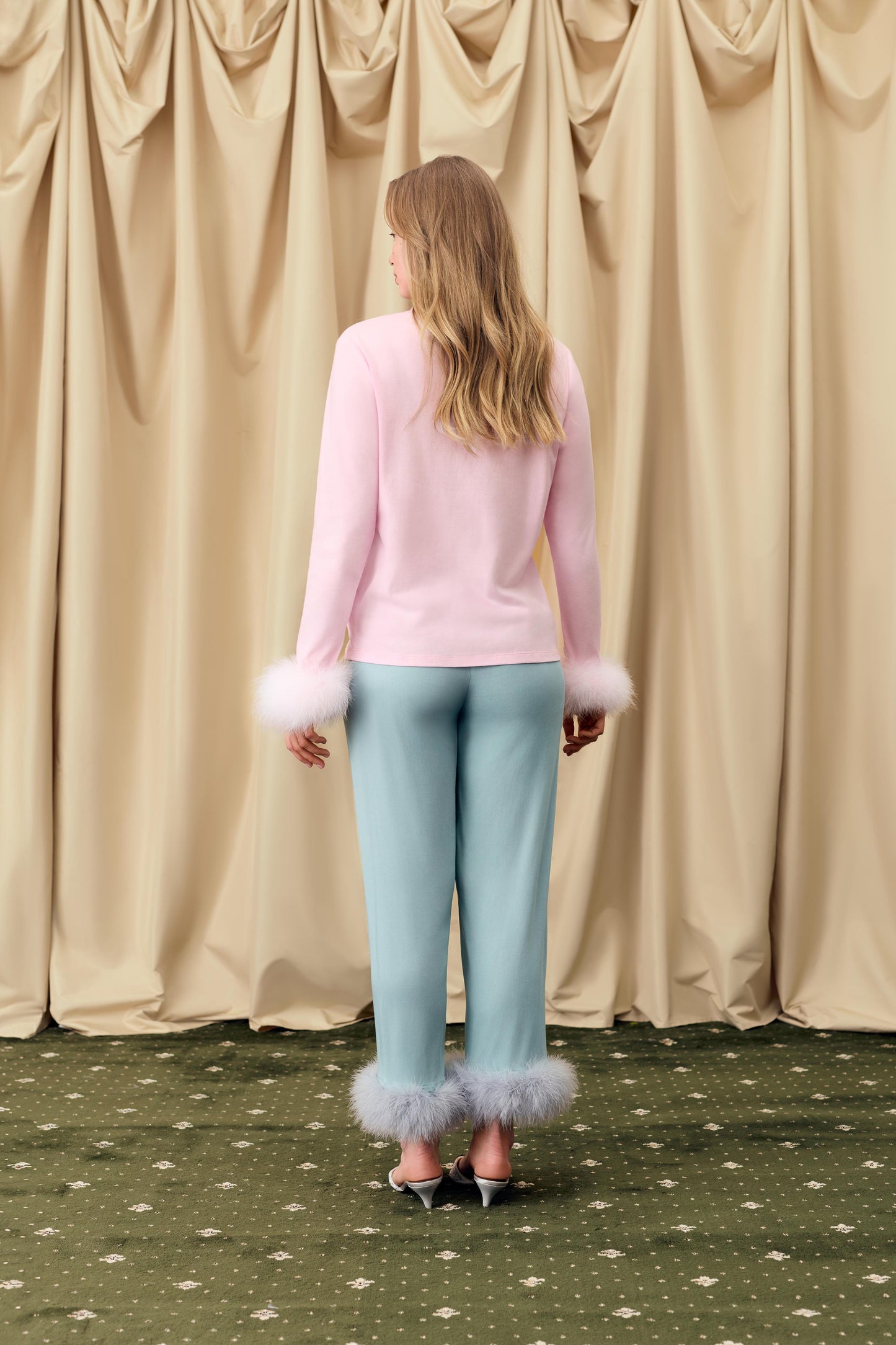 Long Sleeve Stretch-cotton Jersey T-Shirt with Detachable Feathers in Pink