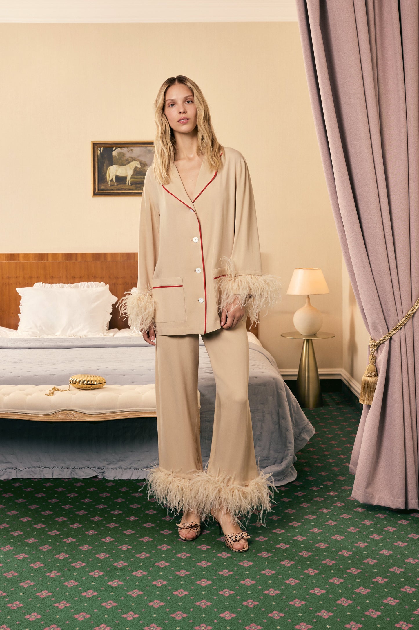 Party Pajamas Set with Detachable Feathers in Beige