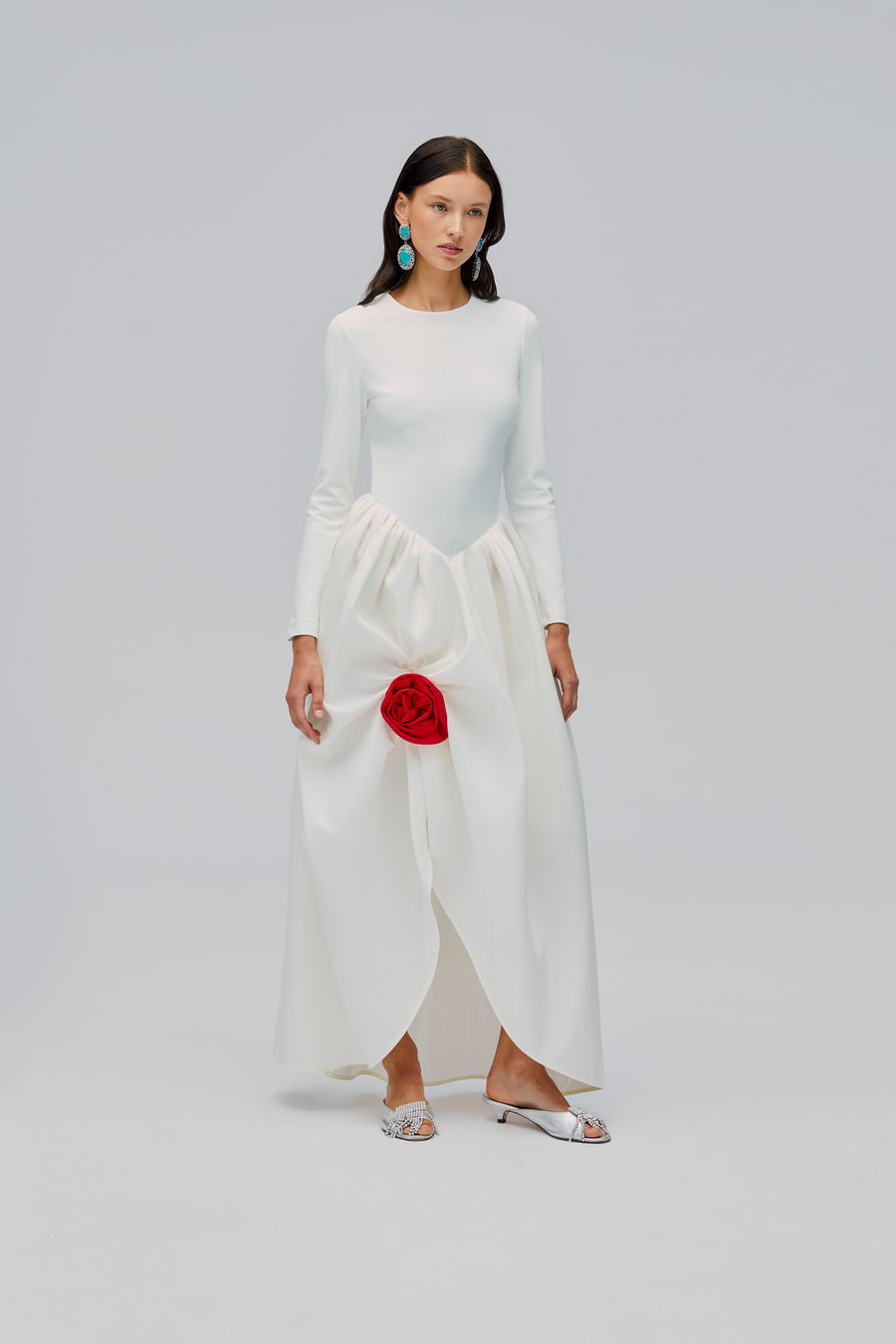 Aurora Maxi Dress in White With Red Rose