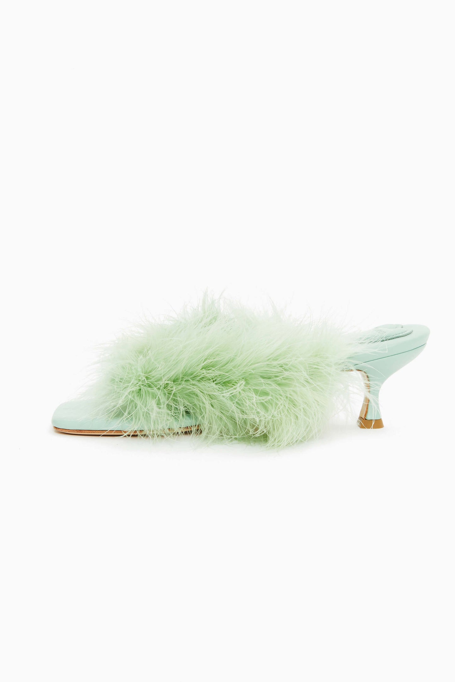 Pom Kitten Heel Mules with Feathers in Mint