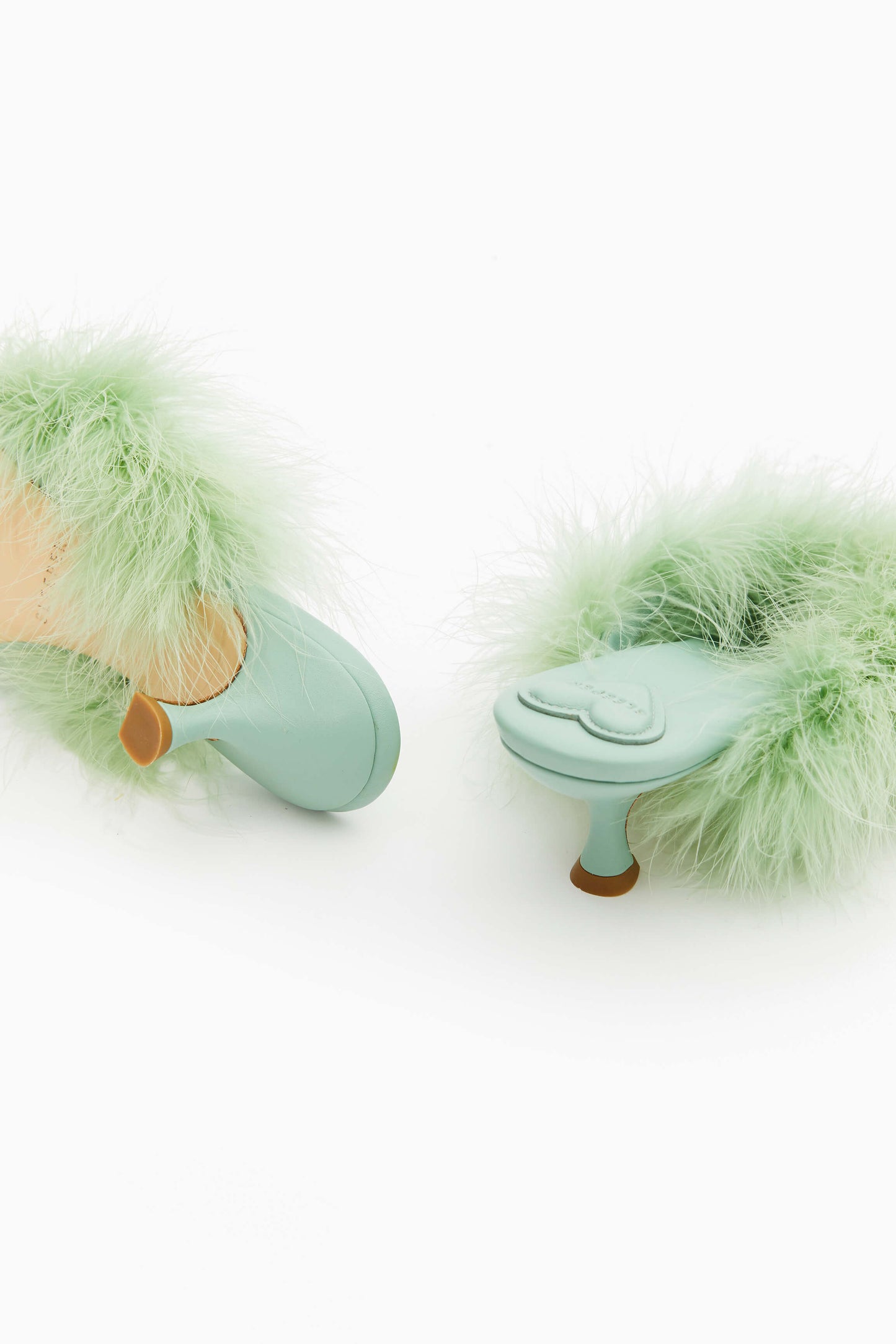 Pom Kitten Heel Mules with Feathers in Mint