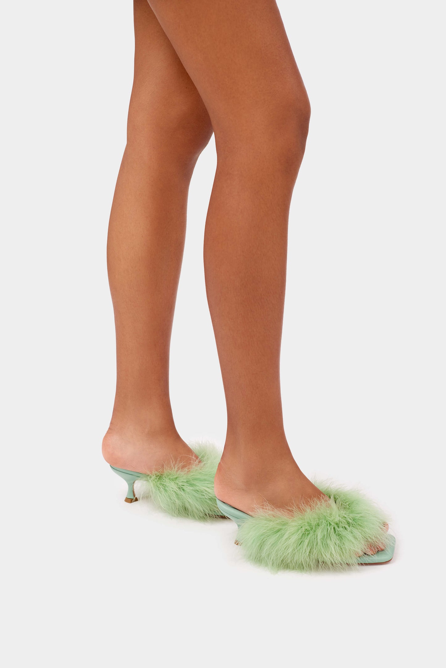 Pom Kitten Heel Mules with Feathers in Mint