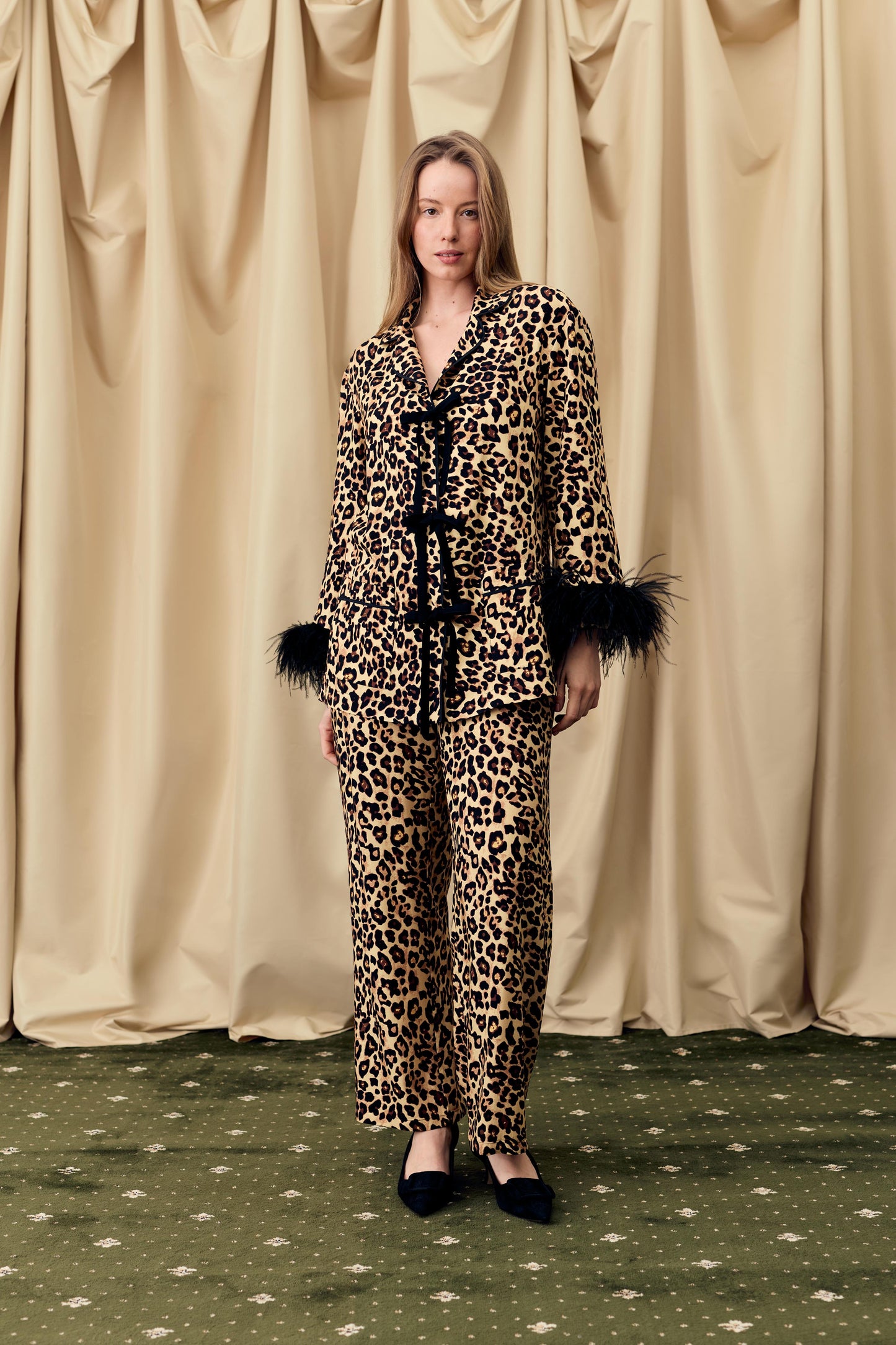The Bow Pajama Set with Detachable Feathers in Leopard
