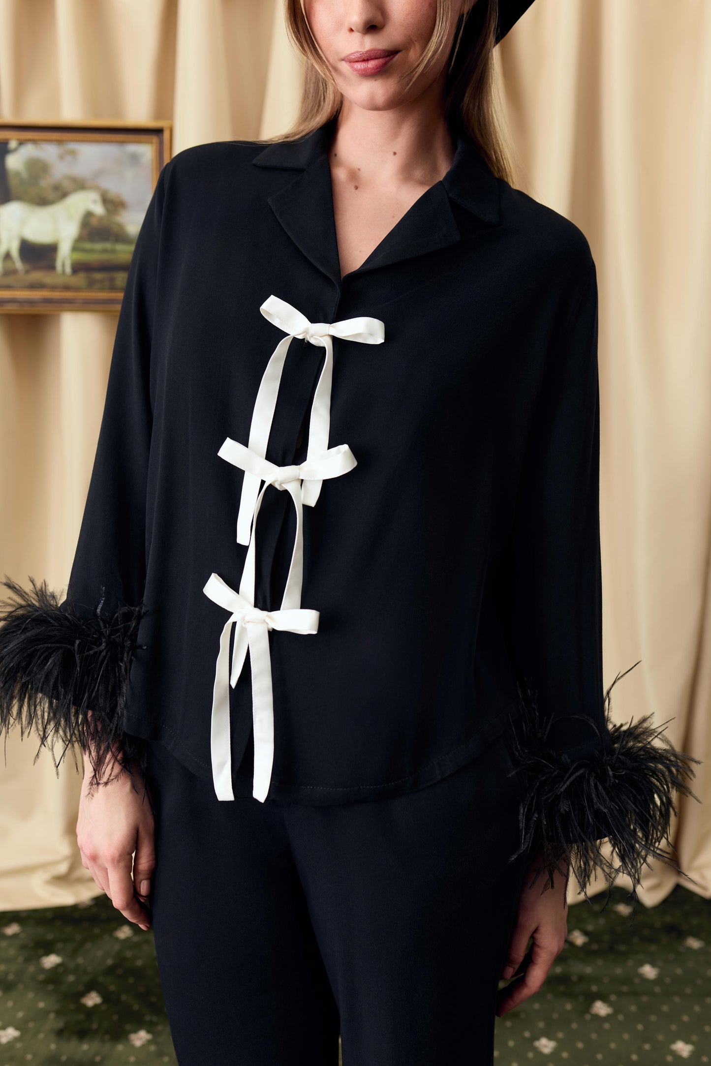 The Bow Pajama Set with Detachable Feathers in Black
