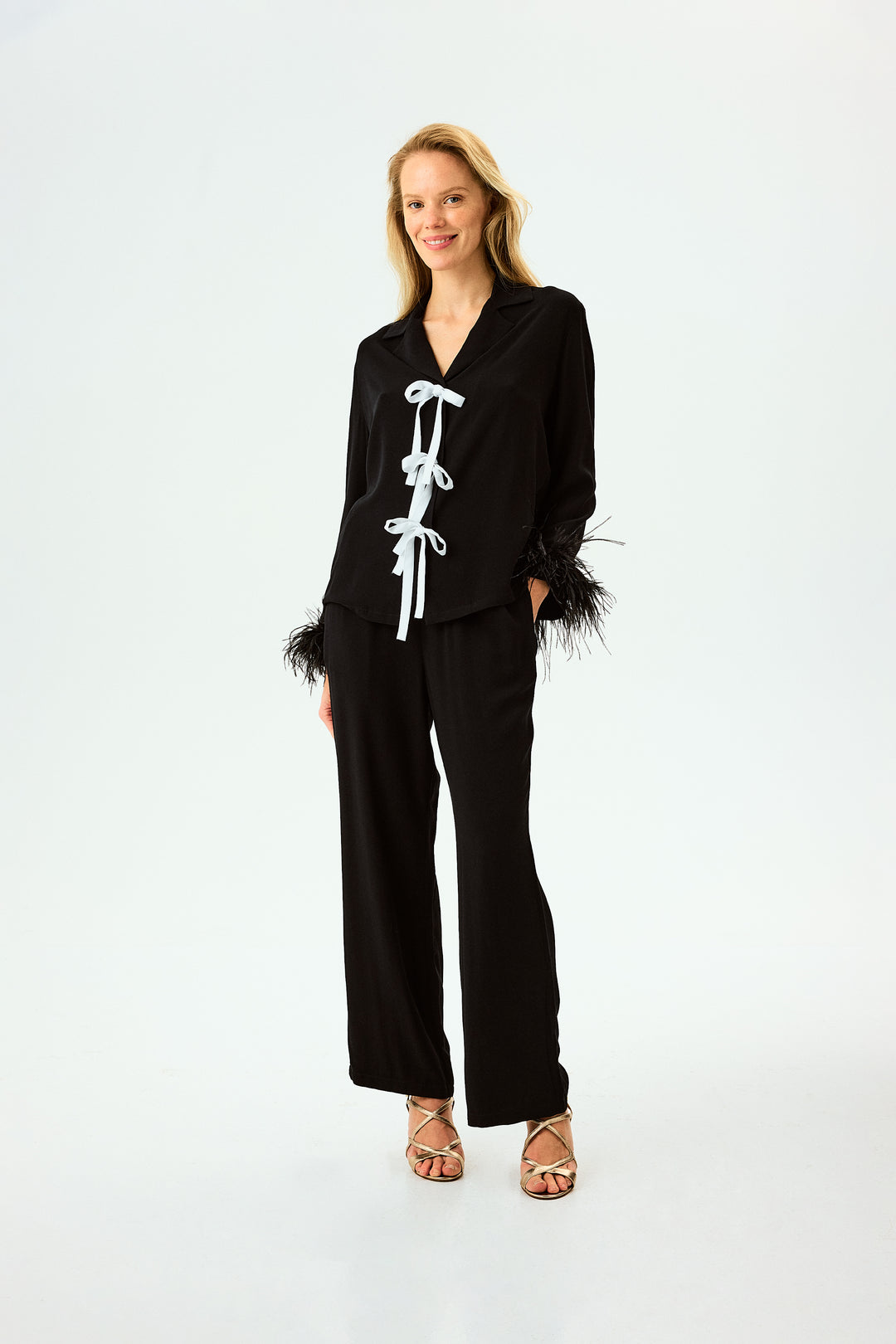 The Bow Pajama Set with Detachable Feathers in Black
