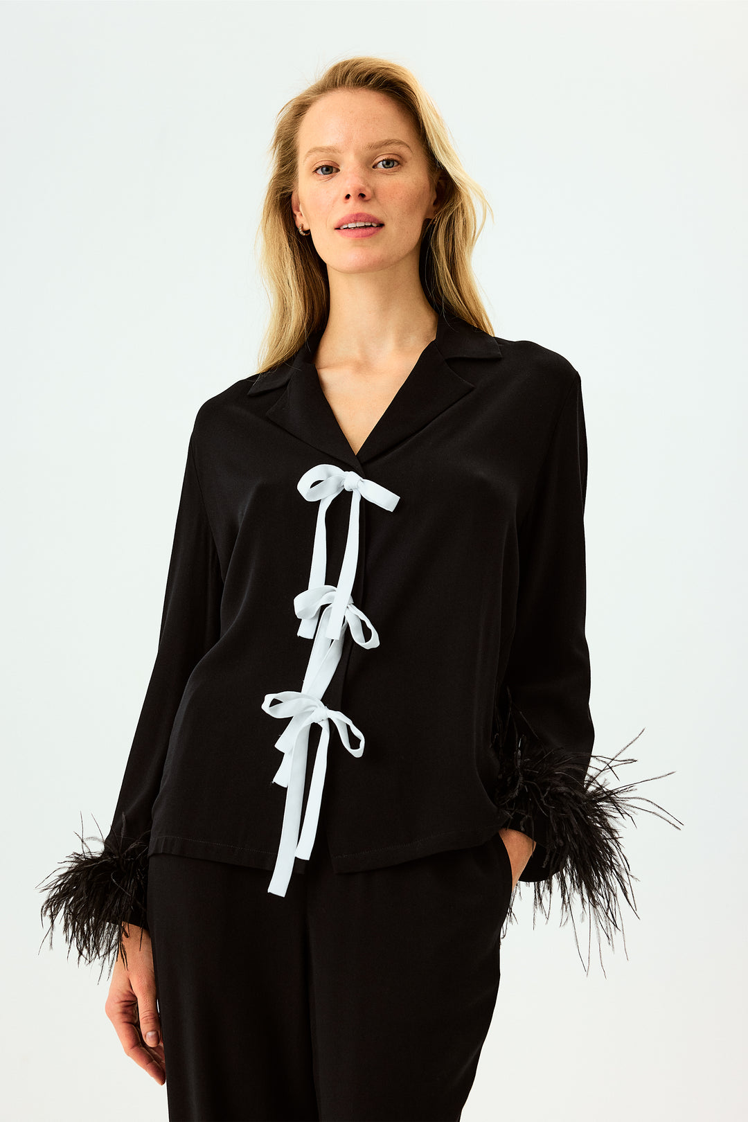 The Bow Pajama Set with Detachable Feathers in Black