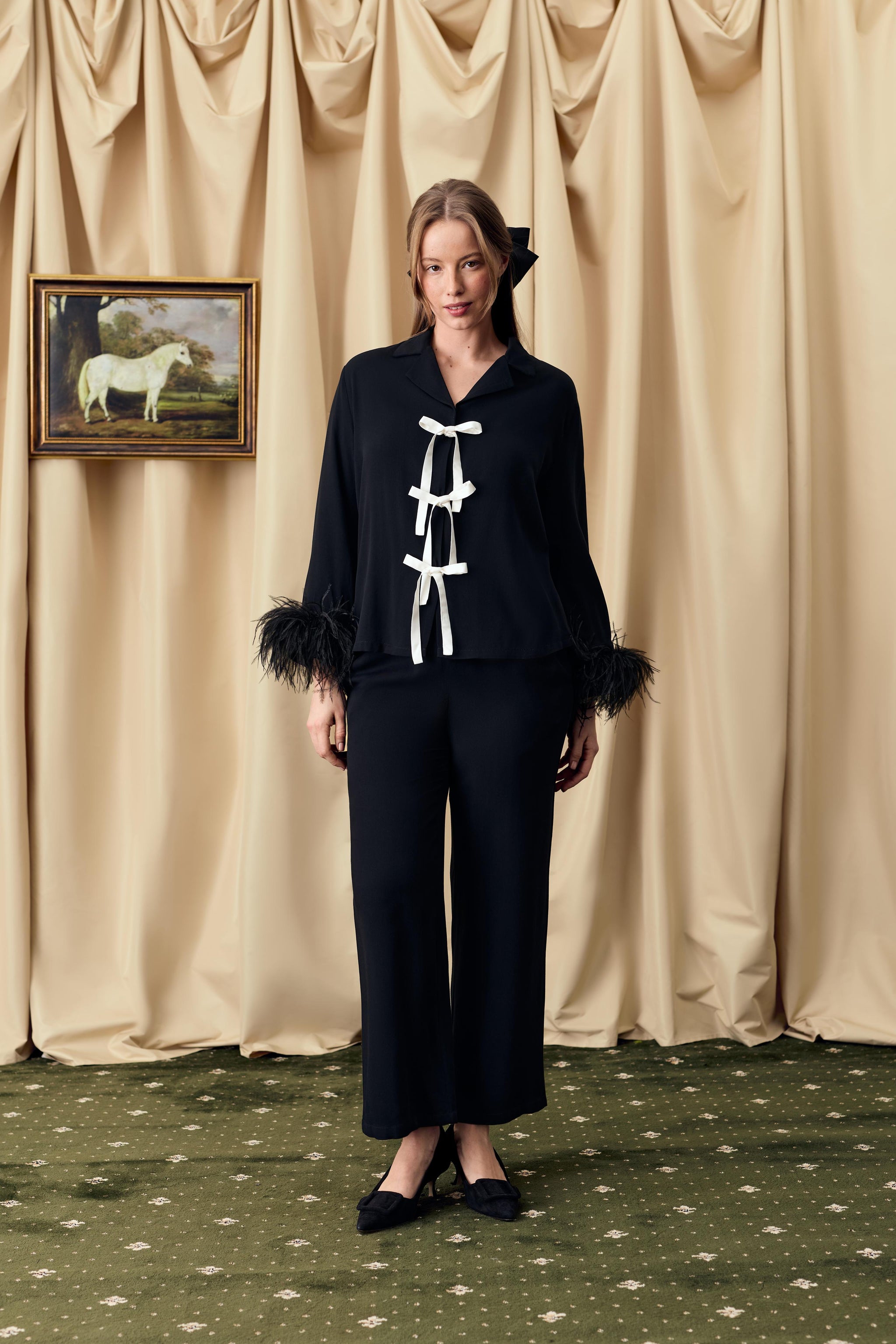 The Bow Pajama Set with Detachable Feathers in Black