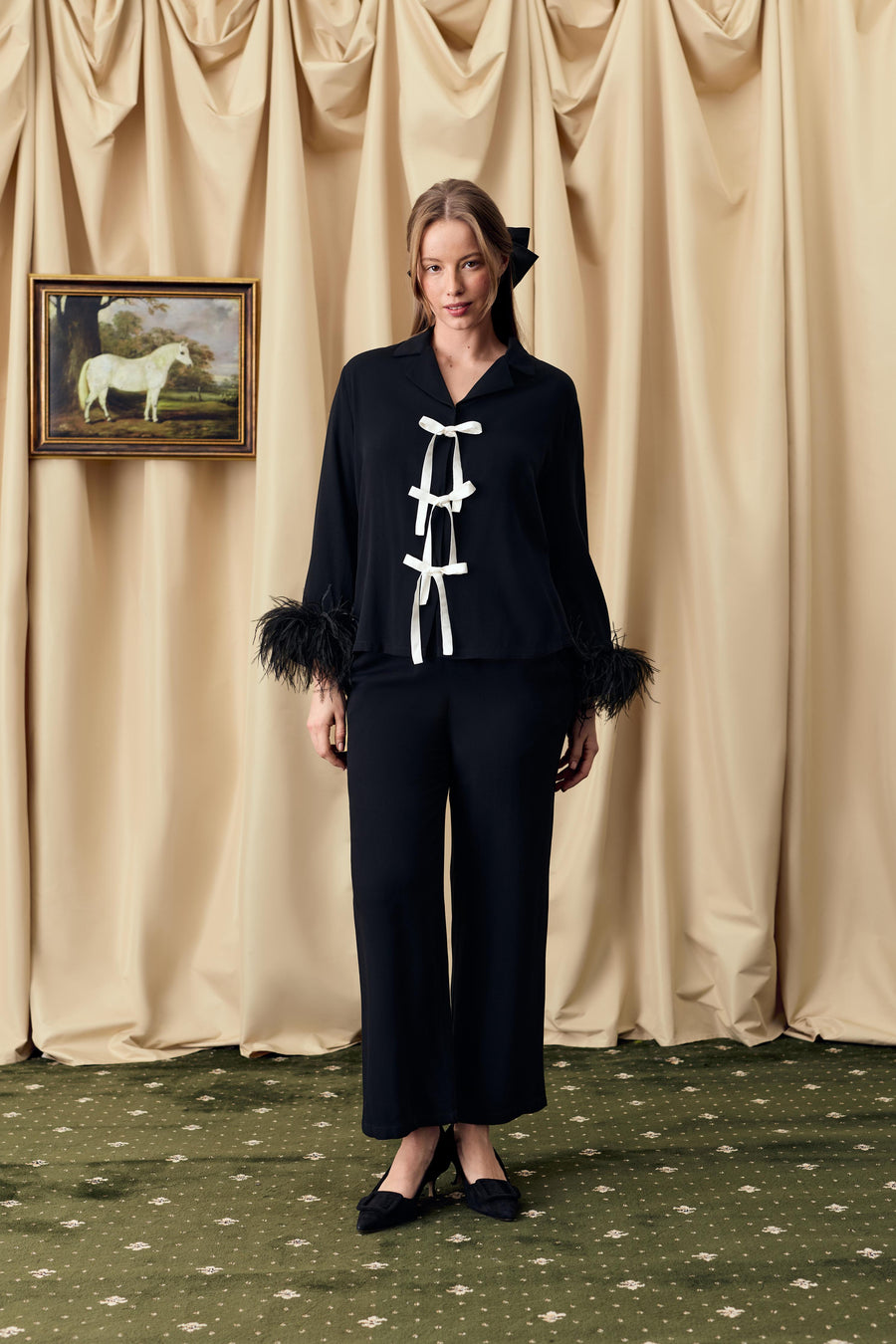 The Bow Pajama Set with Detachable Feathers in Black