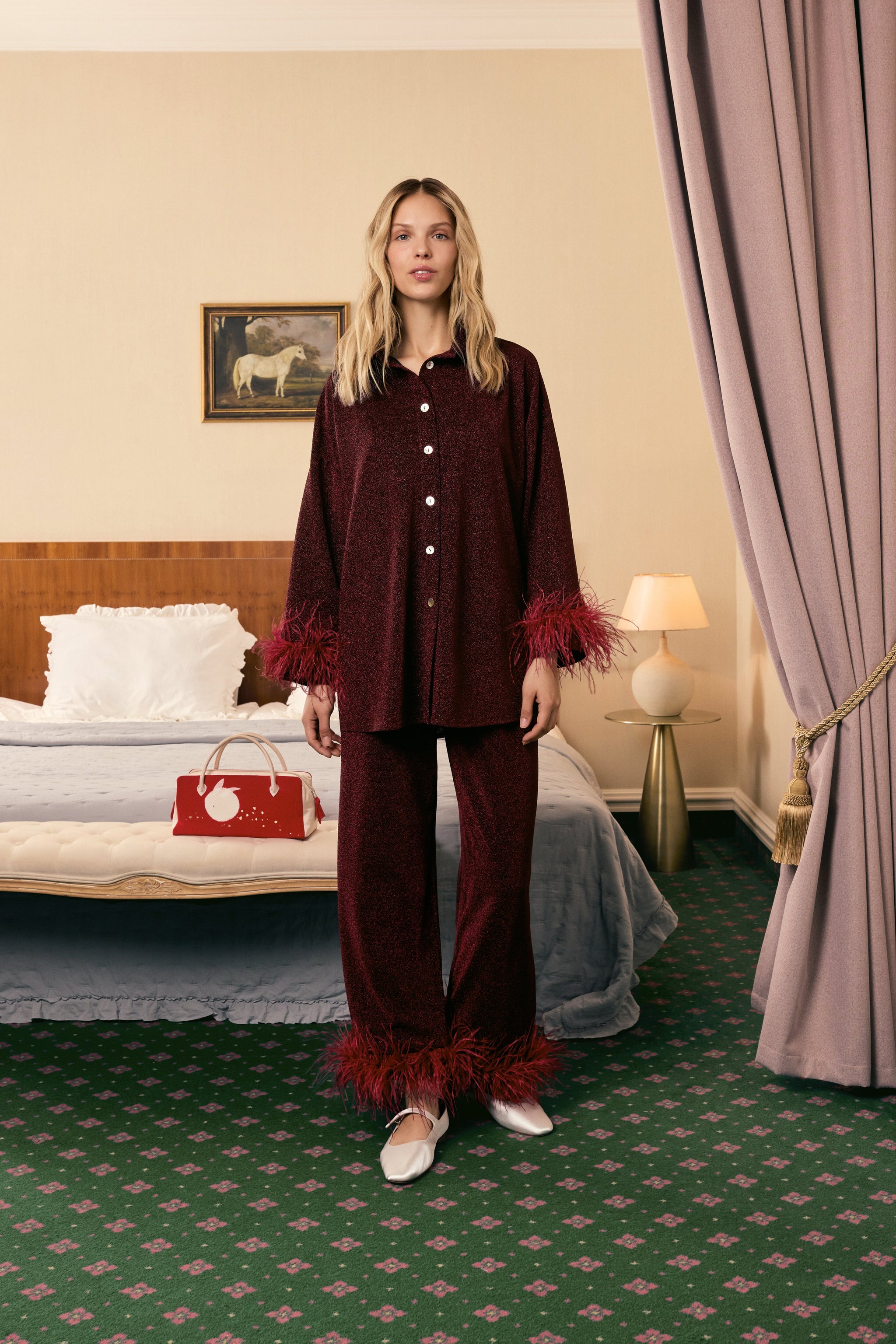 Cosmos Oversized Lurex Pajama Set in Burgundy