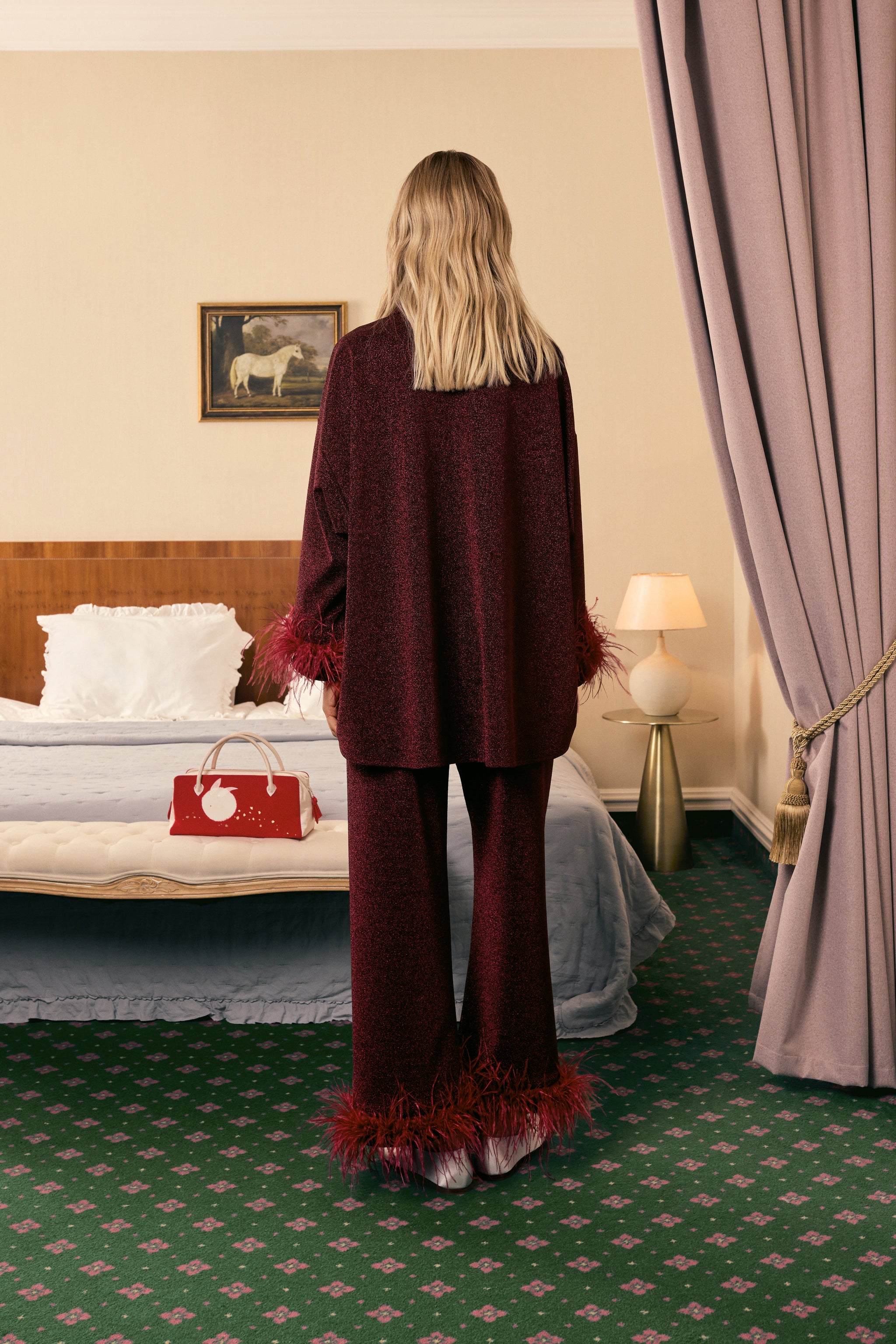 Cosmos Oversized Lurex Pajama Set in Burgundy