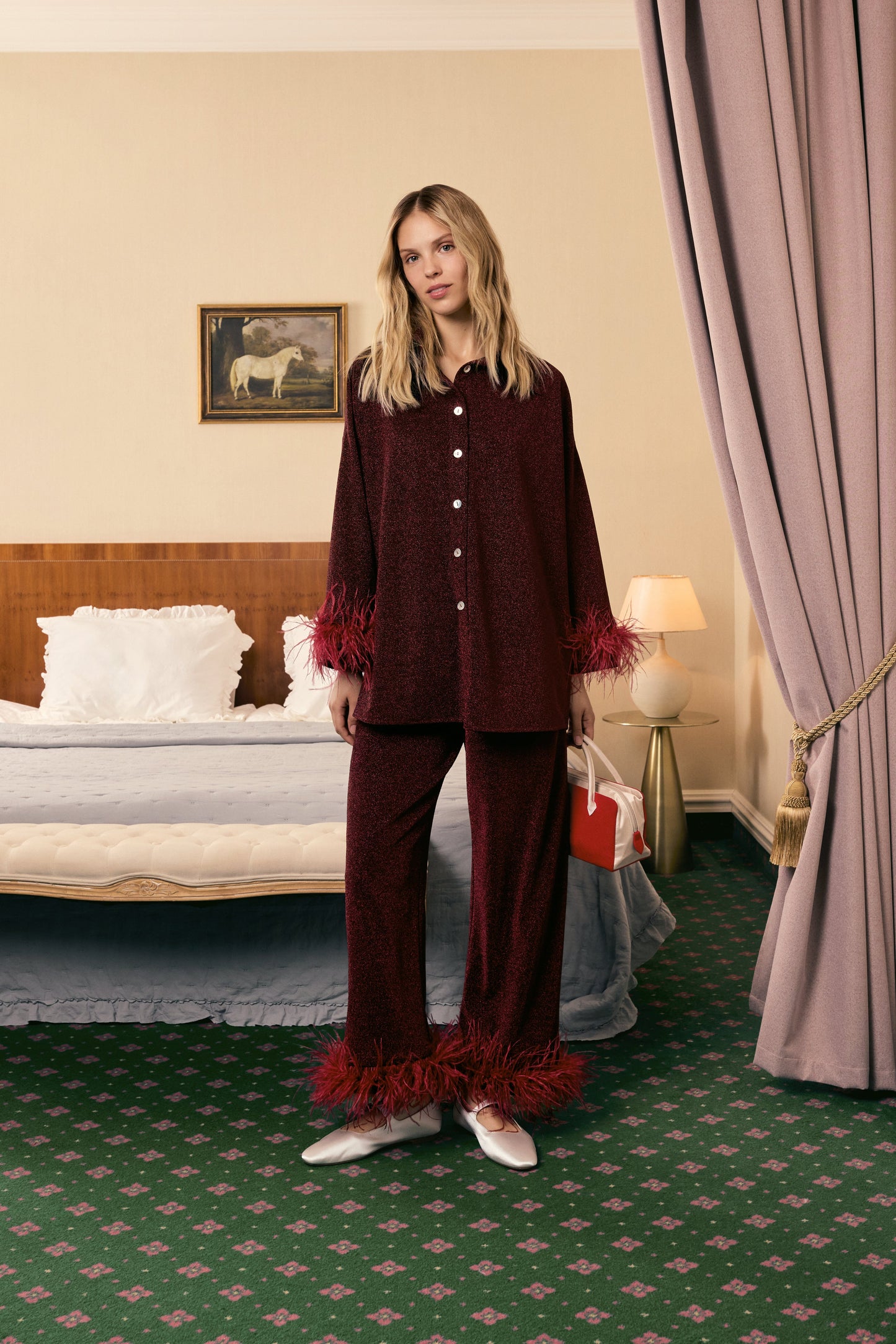 Cosmos Oversized Lurex Pajama Set in Burgundy