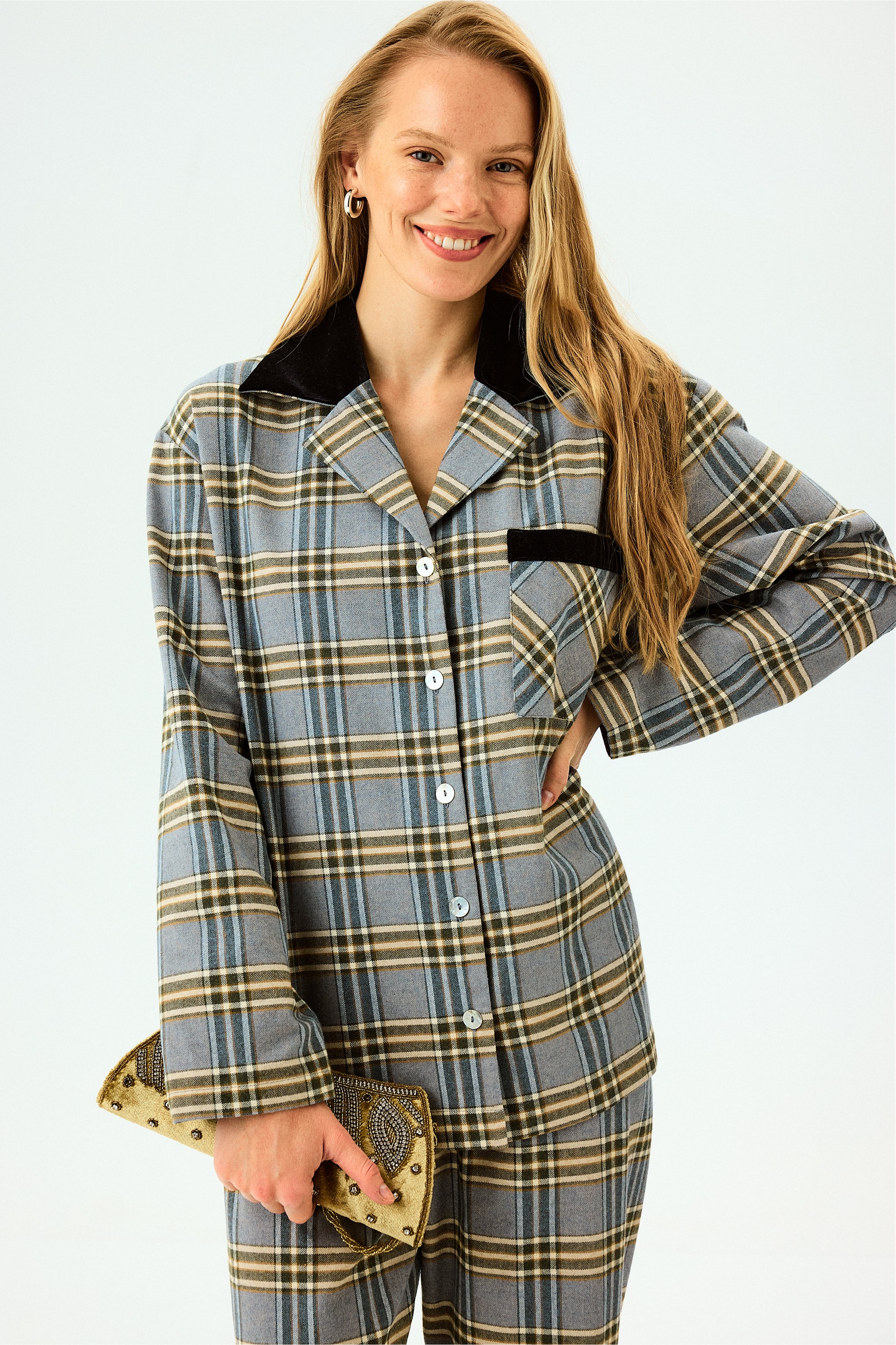 Checked Cotton-Flannel Set in Blue and Grey Checkered
