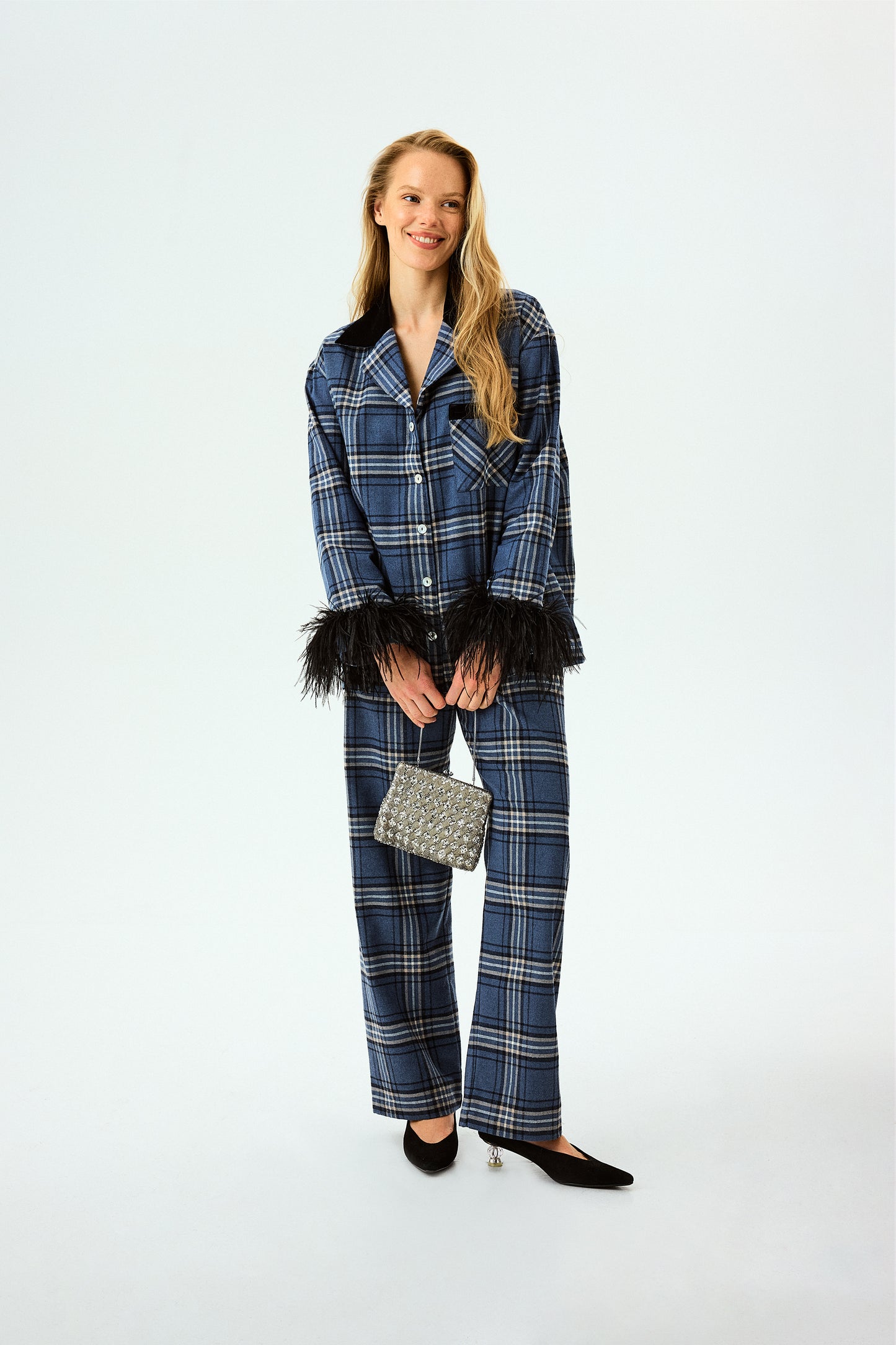 Checked Cotton-Flannel Set with Feathers in Navy Checkered