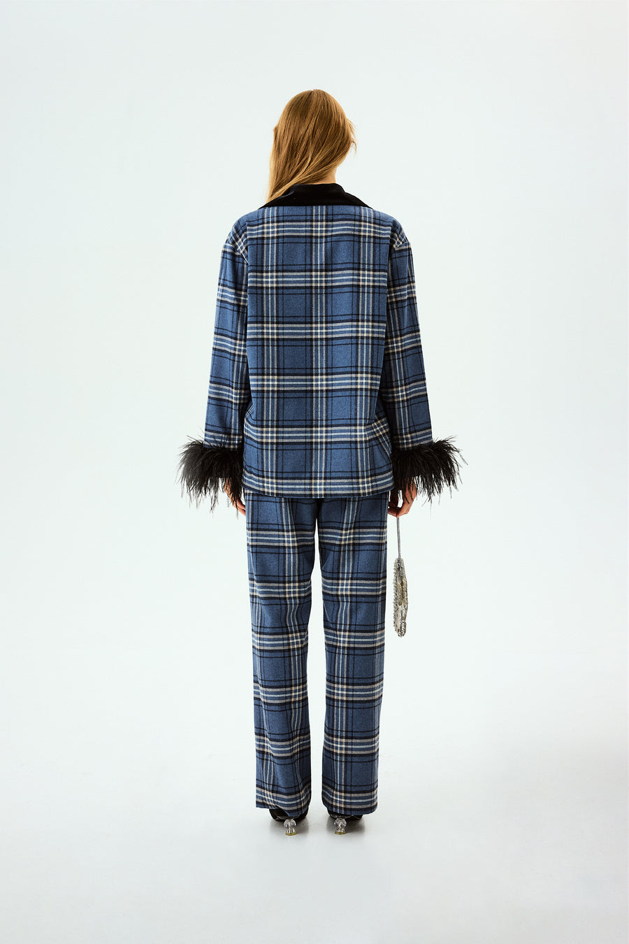 Checked Cotton-Flannel Set with Feathers in Navy Checkered