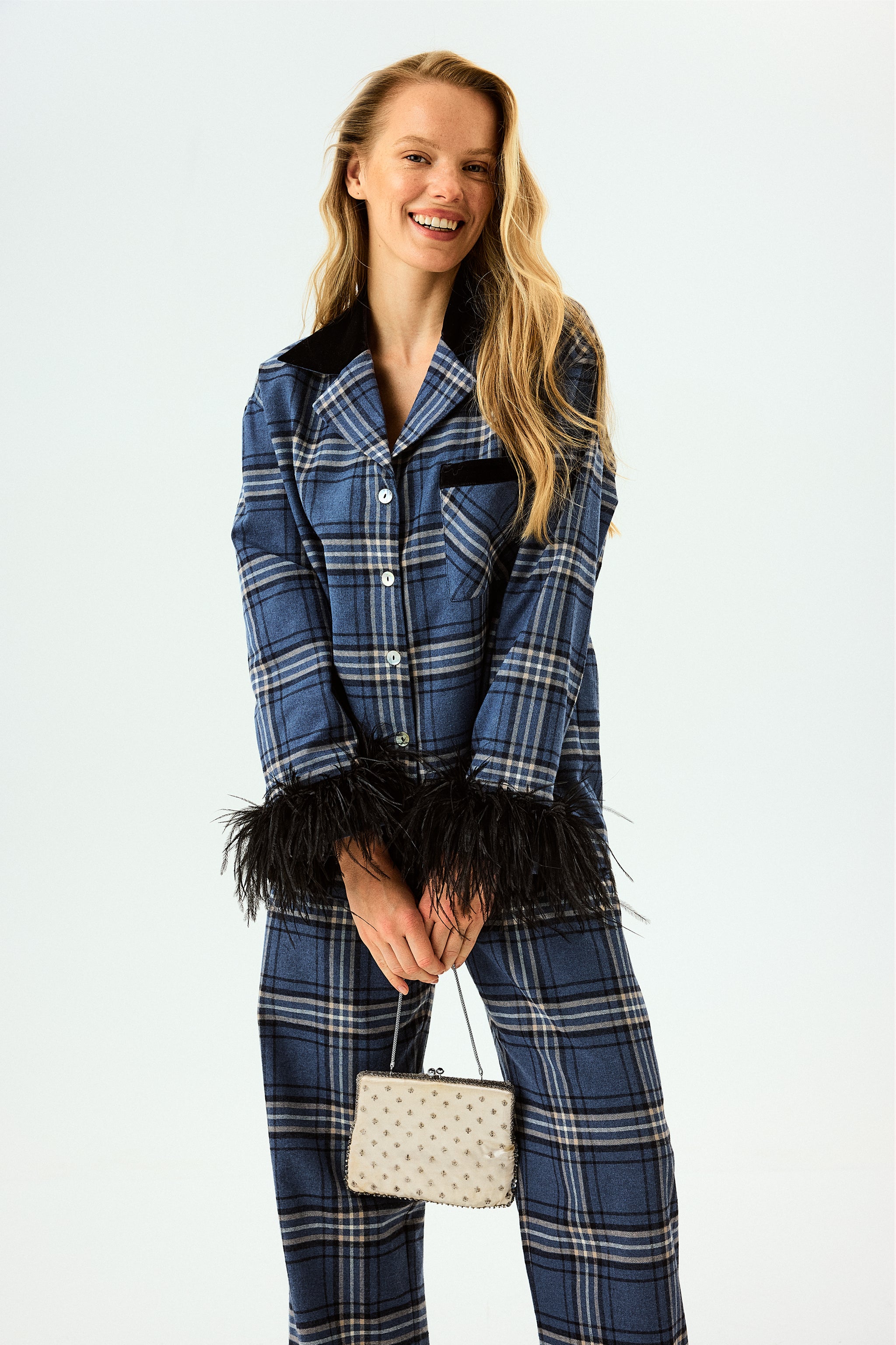 Checked Cotton-Flannel Set with Feathers in Navy Checkered