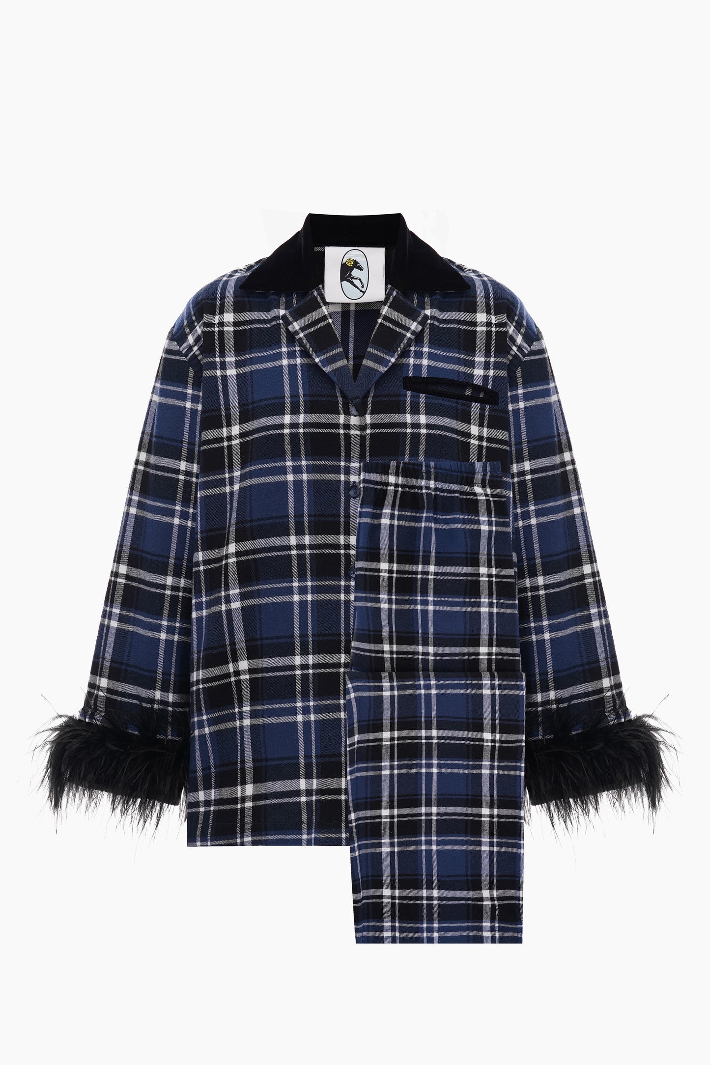 Checked Cotton-Flannel Set with Feathers in Navy Checkered
