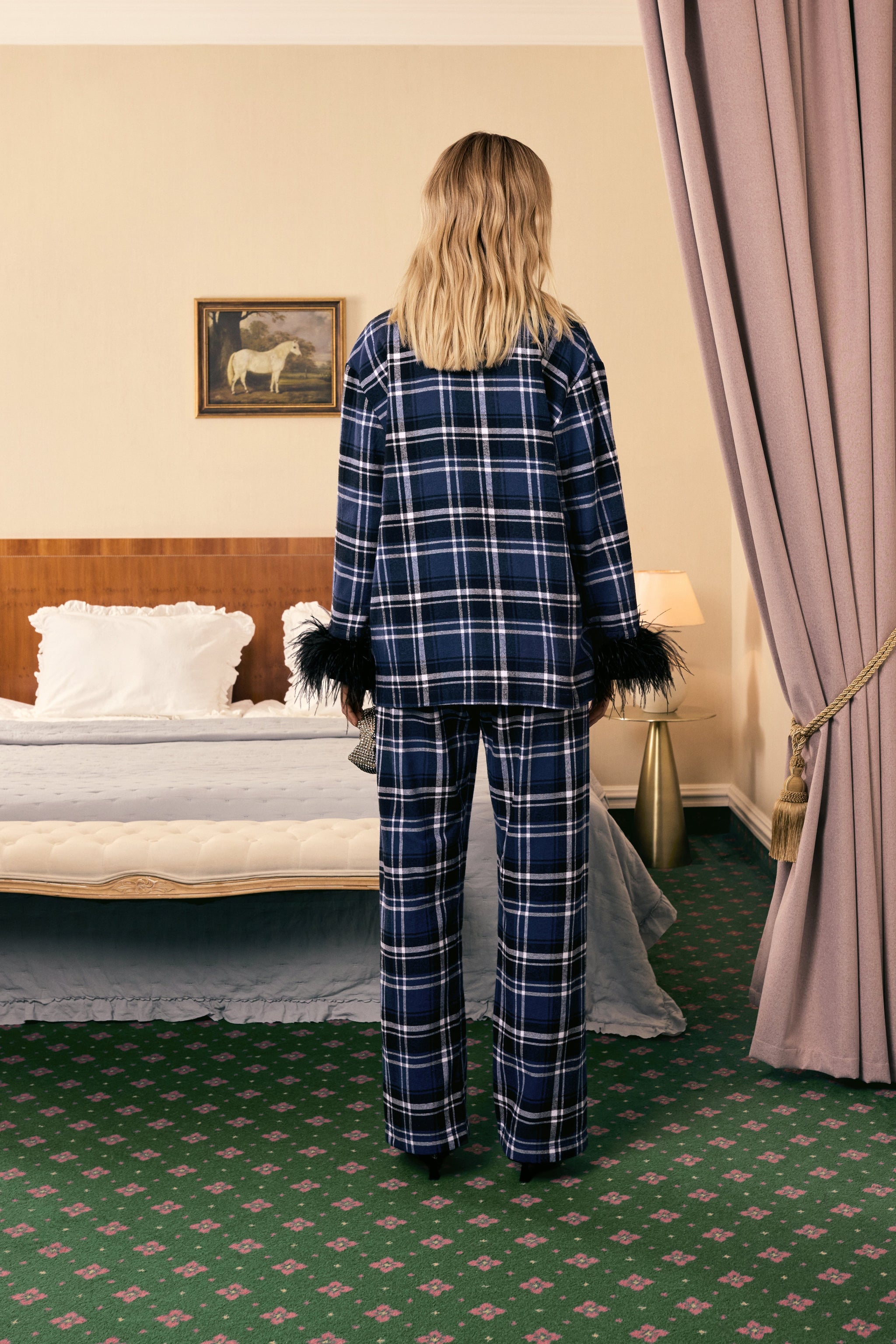 Checked Cotton-Flannel Set with Feathers in Navy Checkered