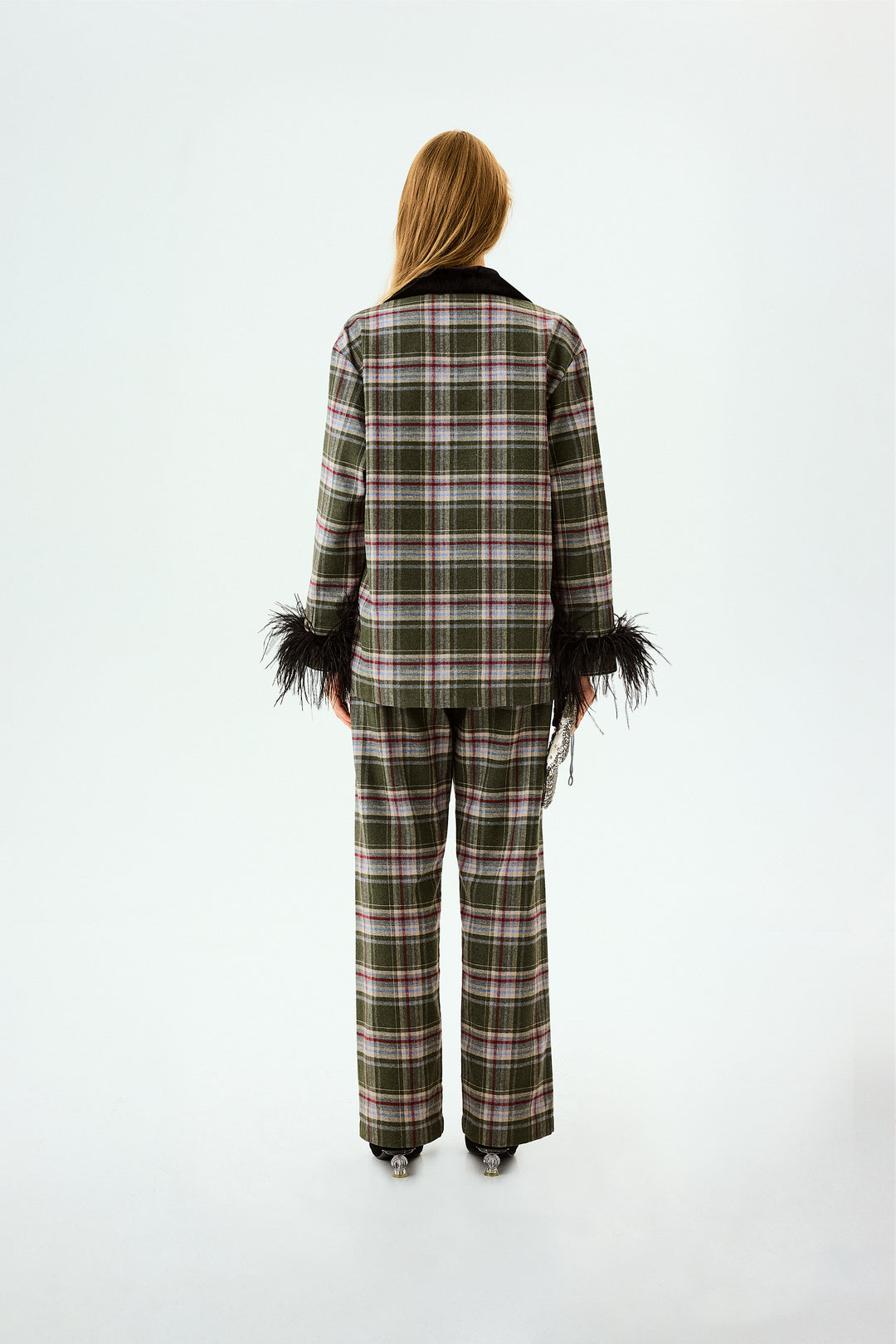 Checked Cotton-Flannel Set with Detachable Feathers in Jade