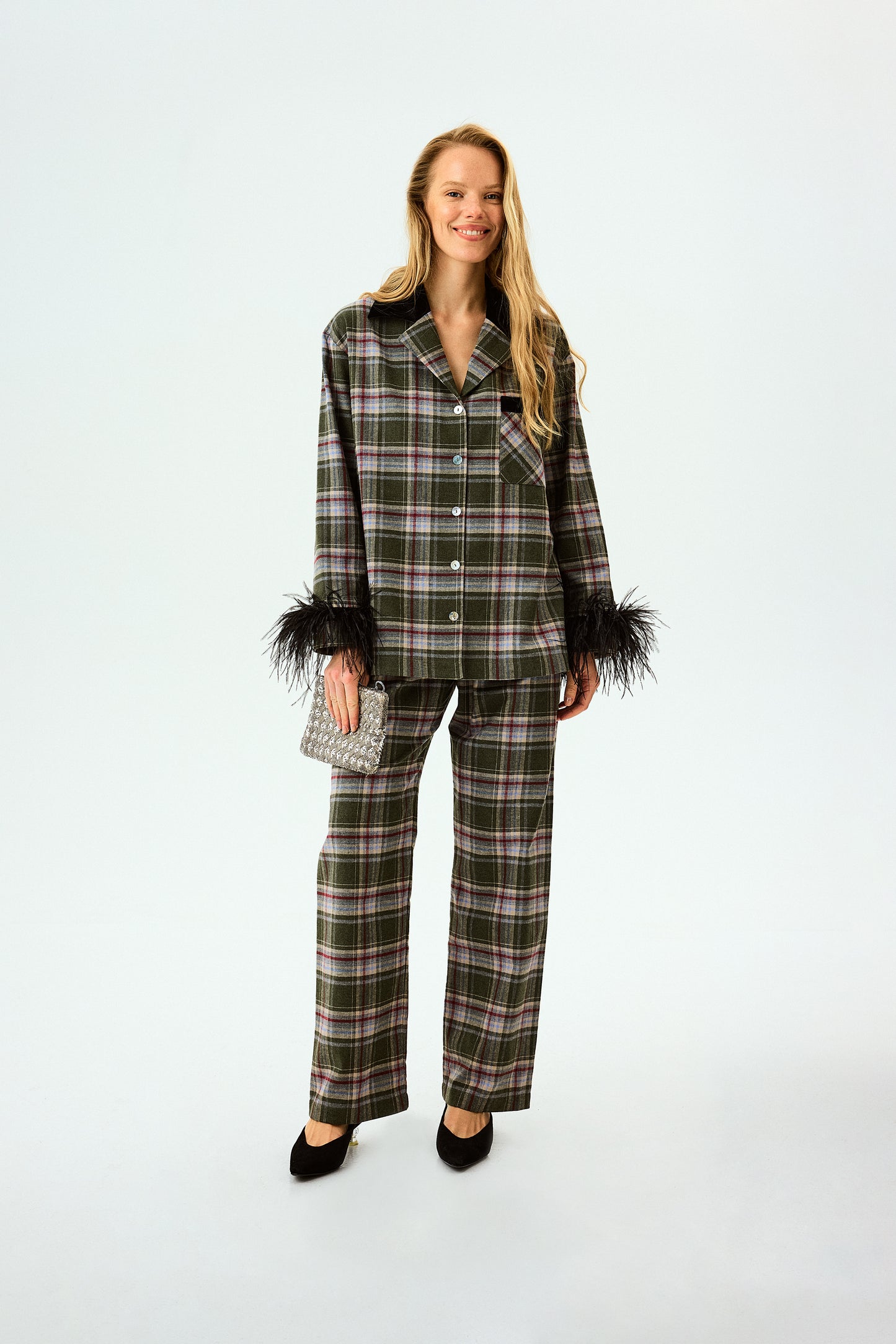 Checked Cotton-Flannel Set with Detachable Feathers in Jade