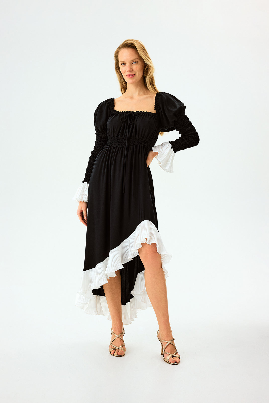 Juliette Shirred Asymmetric Dress in Black