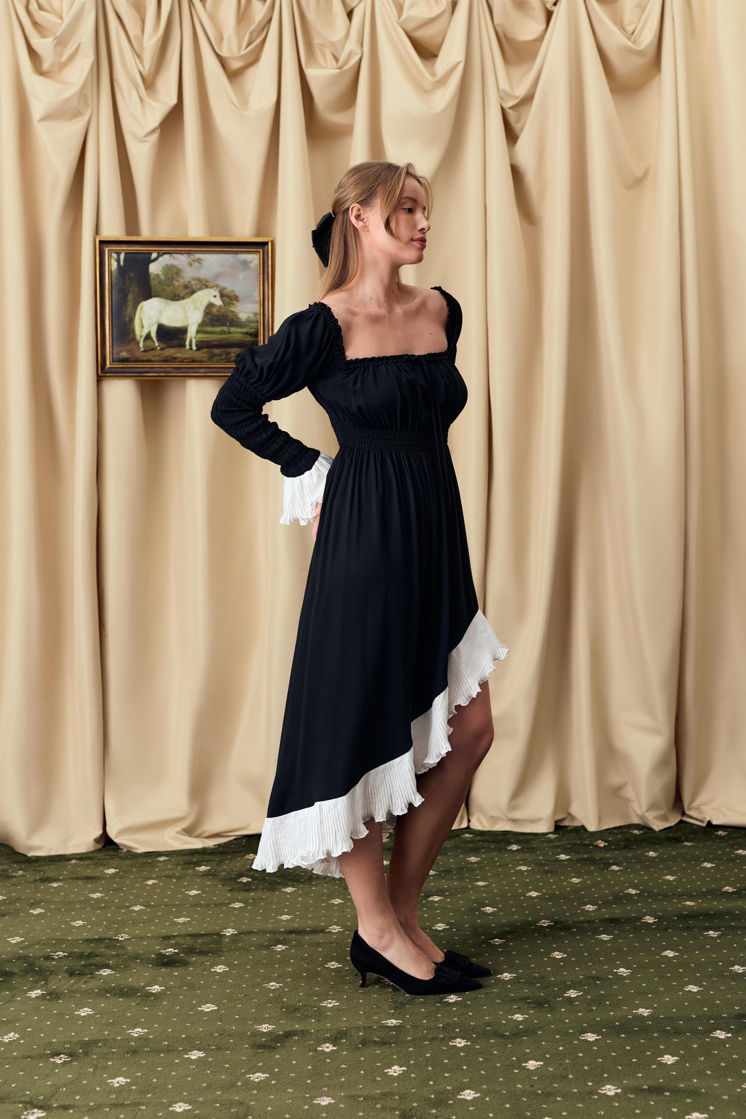 Juliette Shirred Asymmetric Dress in Black