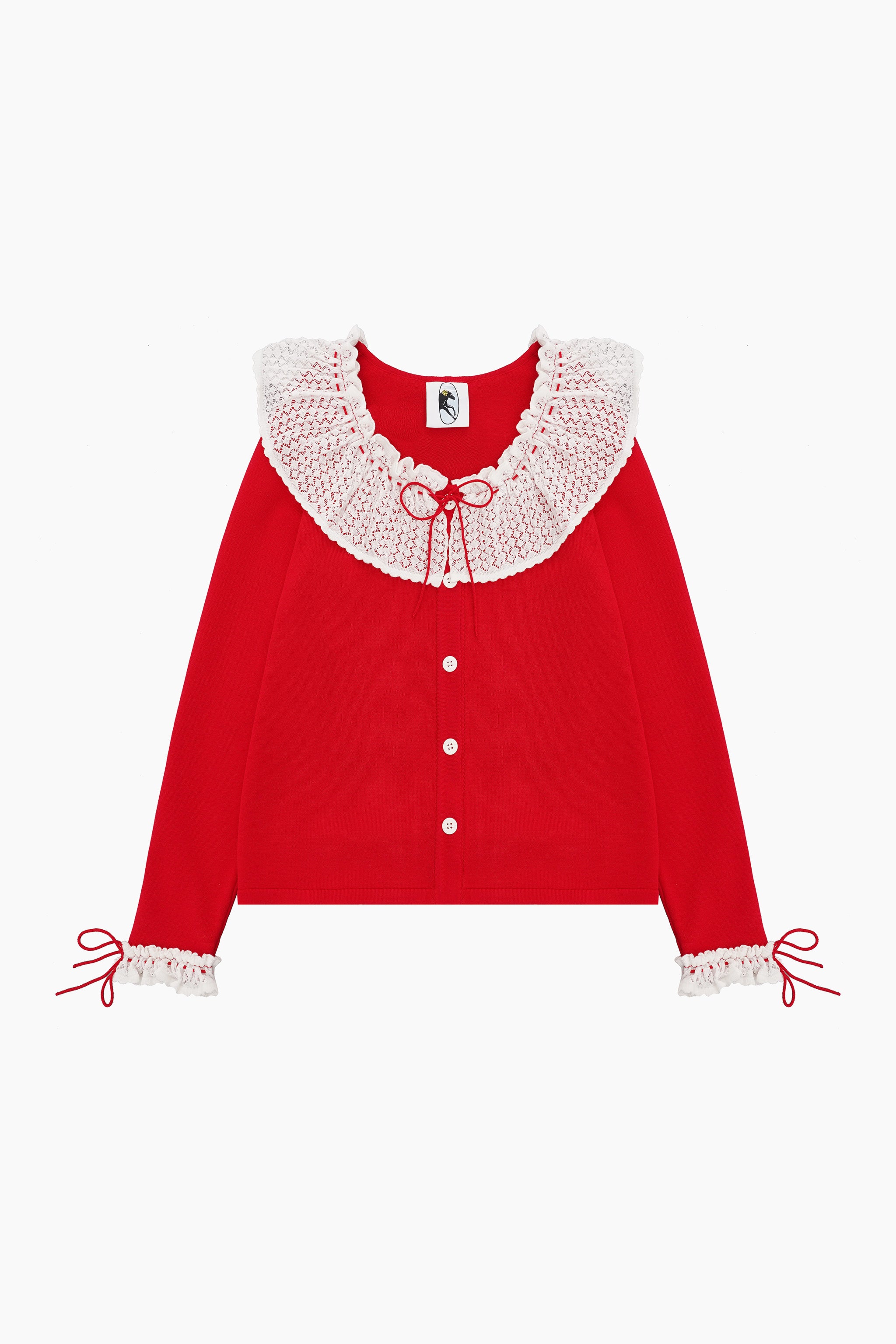 Malena Knitted Cardigan with Lace Collar in Red