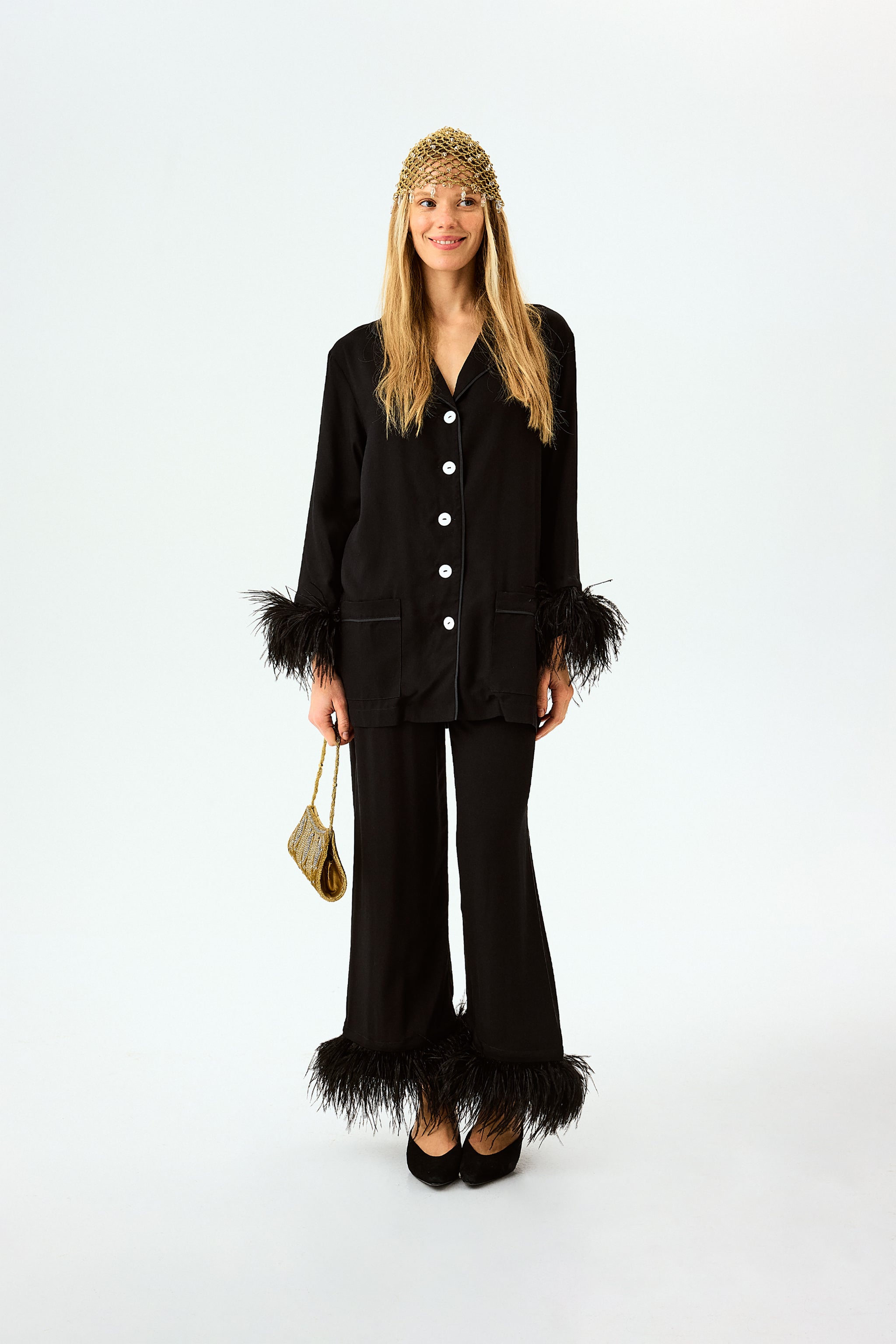 Party Pajamas Set with Detachable Feathers in Black