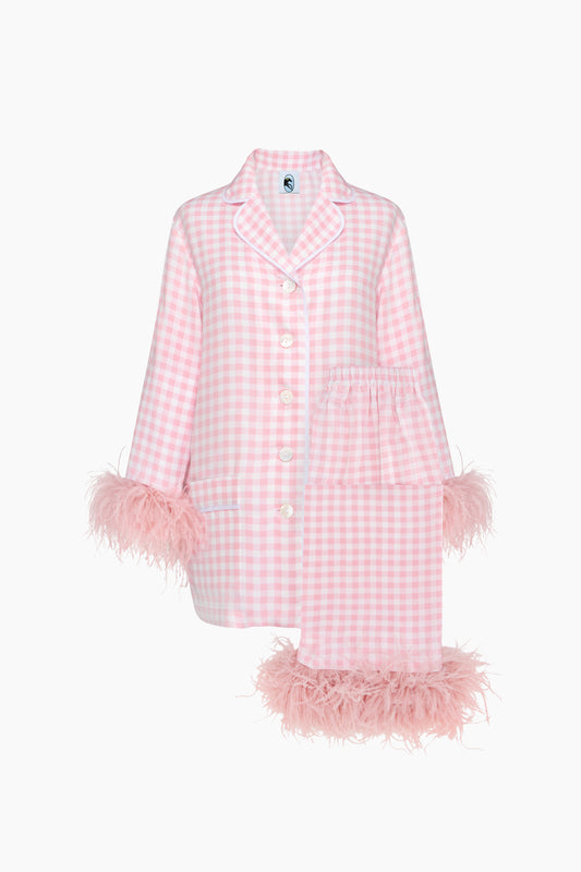 Party Pajama Set with Detachable Feathers in Pink Vichy