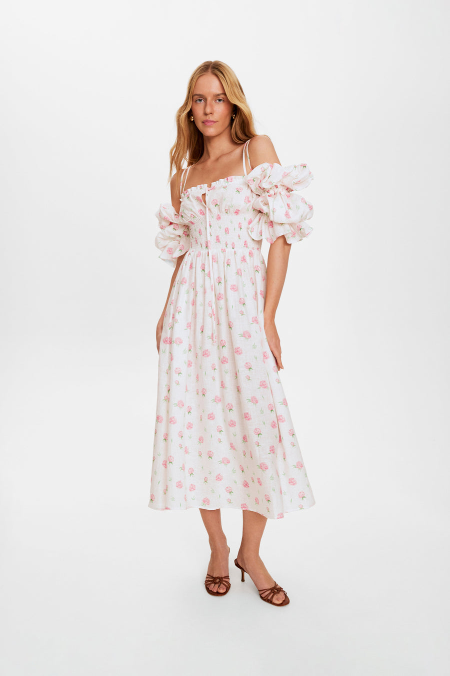 Arle Ruffled Linen Midi Dress in Roses
