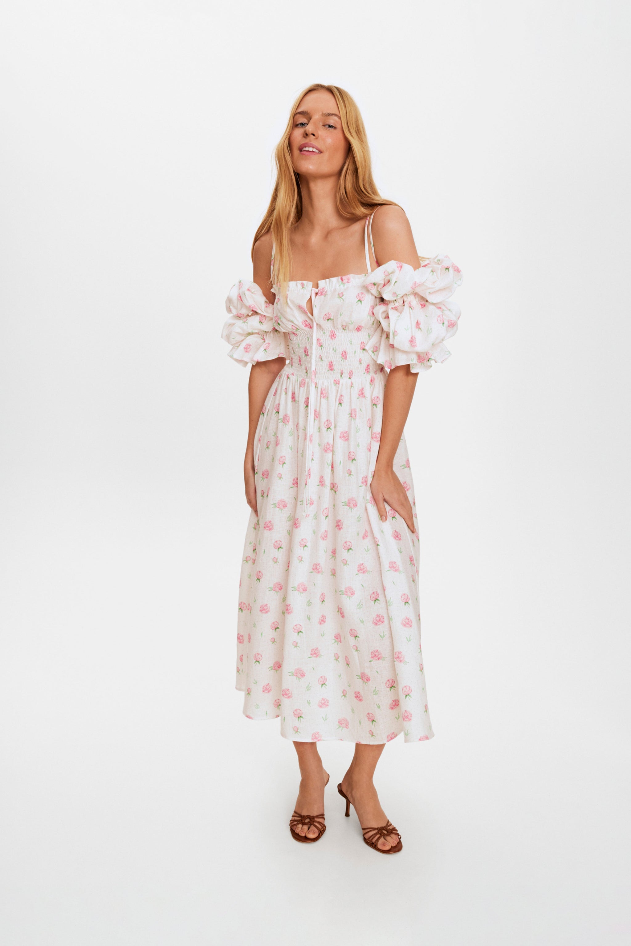 Arle Ruffled Linen Midi Dress in Roses