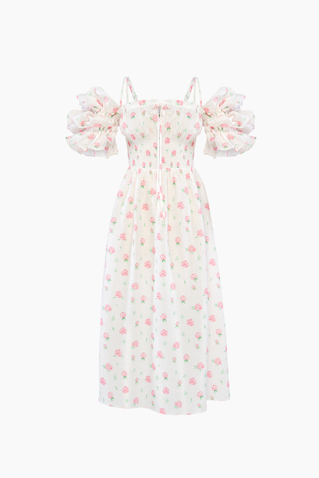 Arle Ruffled Linen Midi Dress in Roses