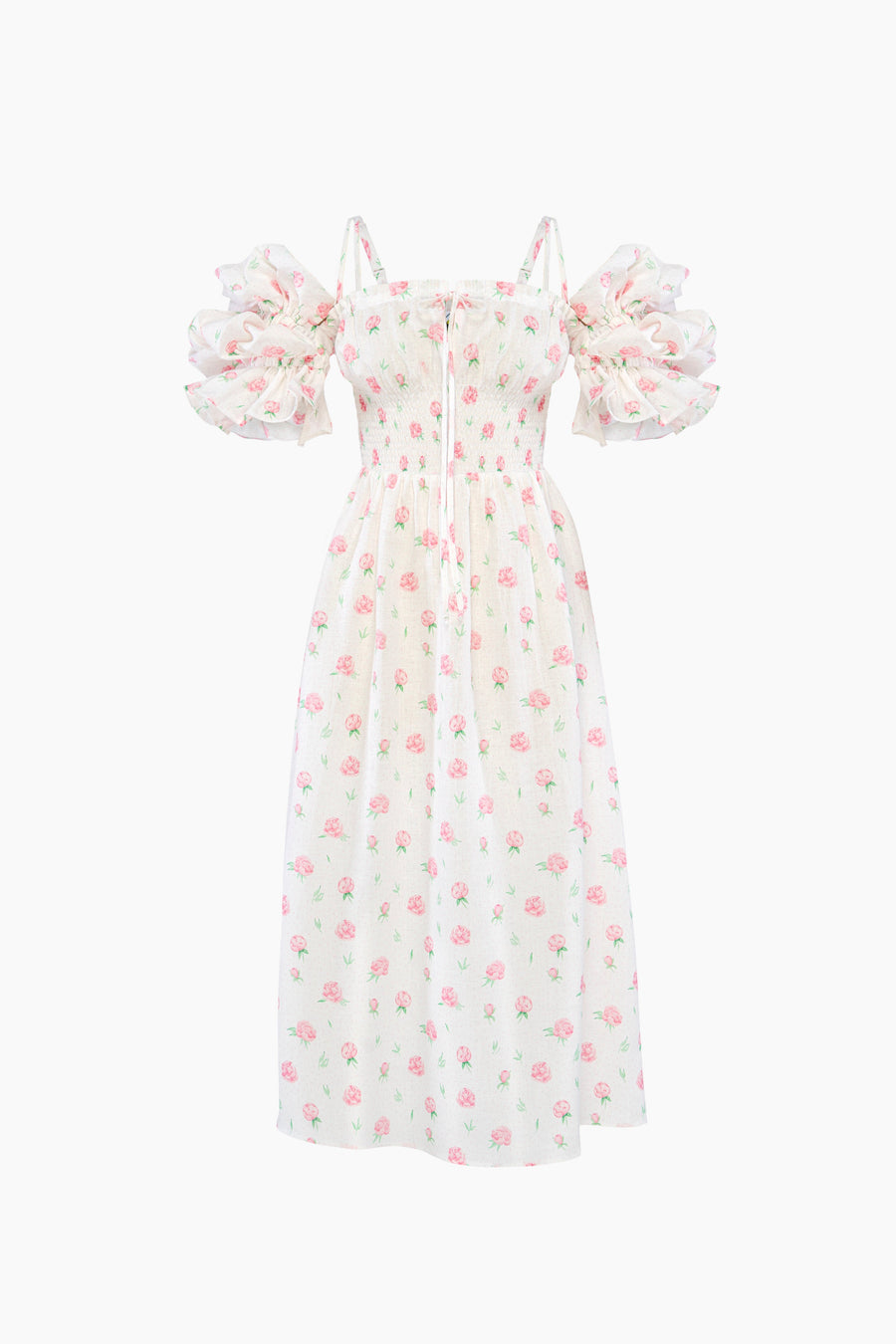 Arle Ruffled Linen Midi Dress in Roses