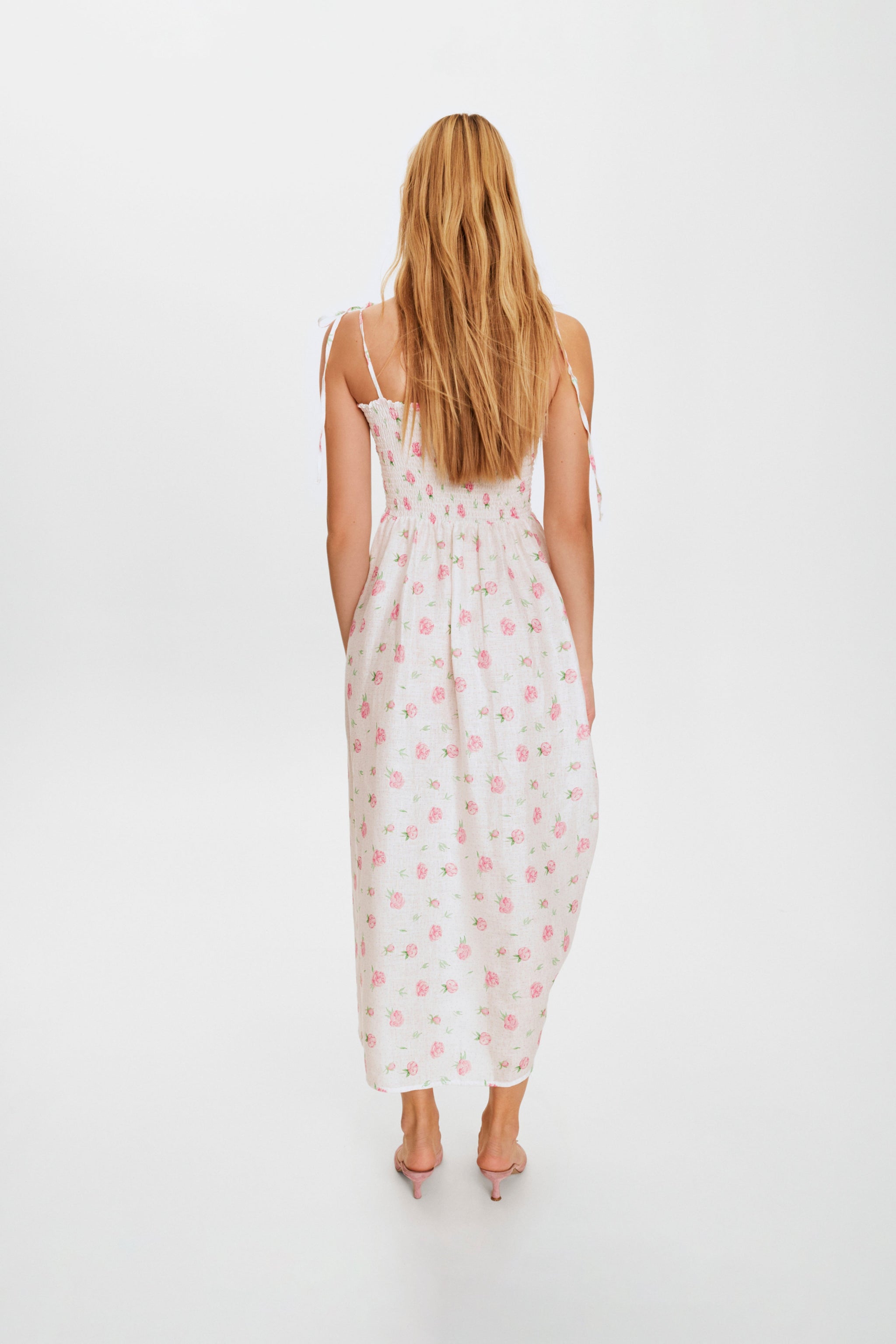 Atlanta Linen Strap Dress with Rose Detail in Roses