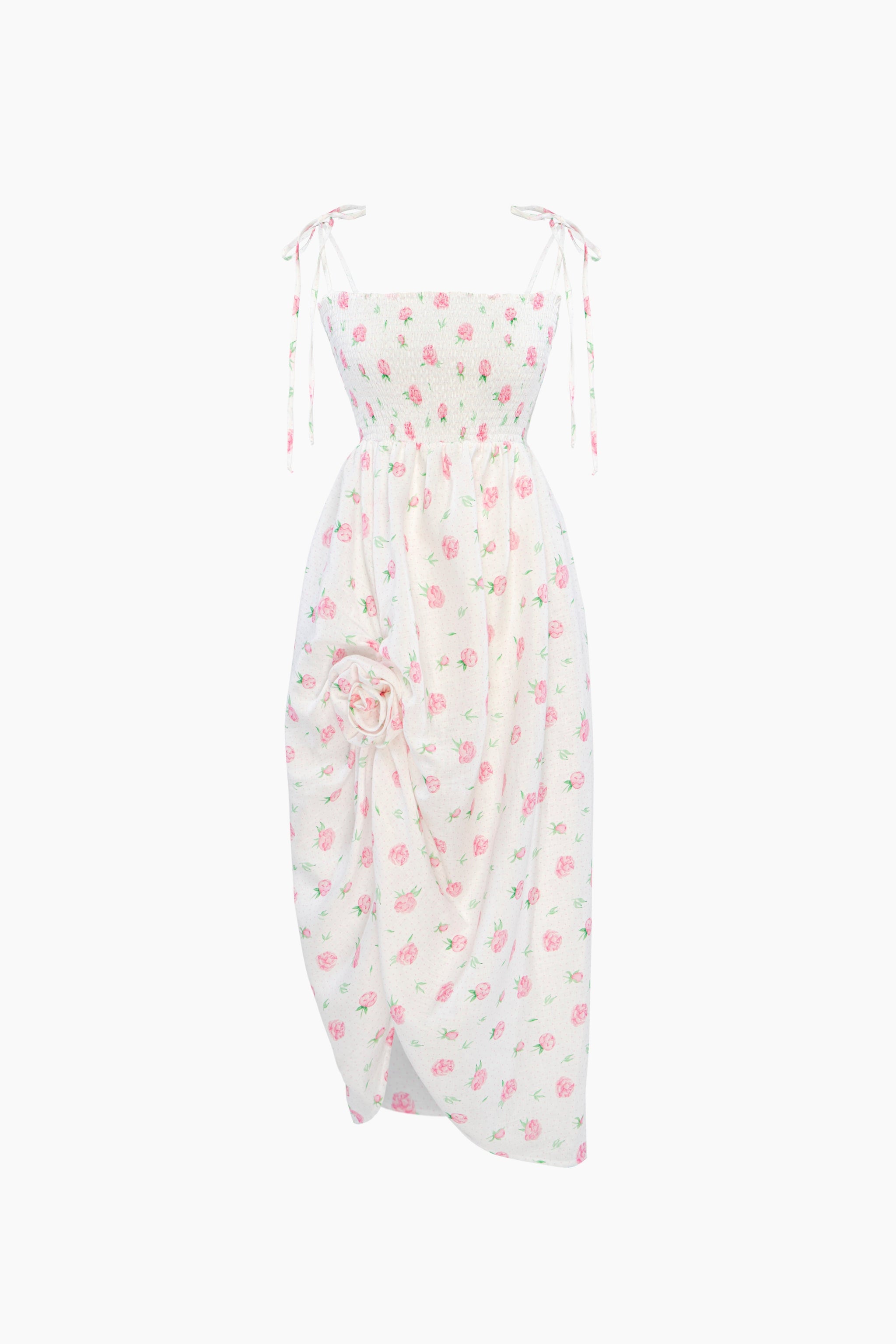 Atlanta Linen Strap Dress with Rose Detail in Roses