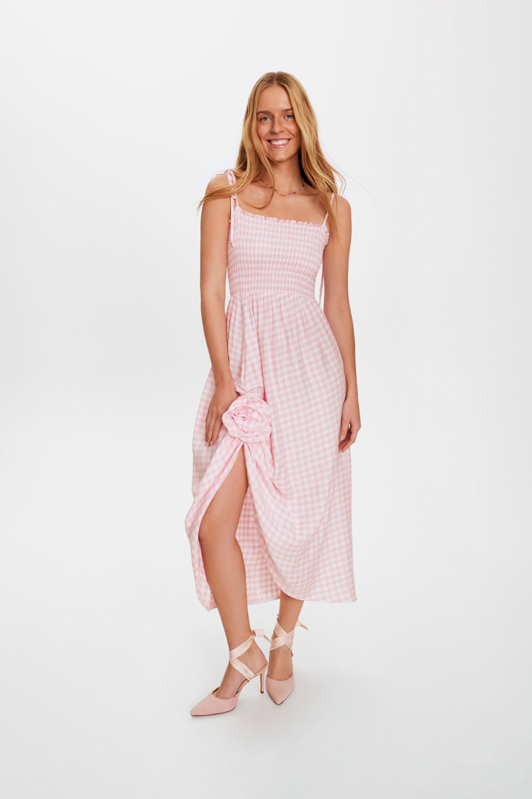 Atlanta Linen Strap Dress with Rose Detail in Pink Vichy
