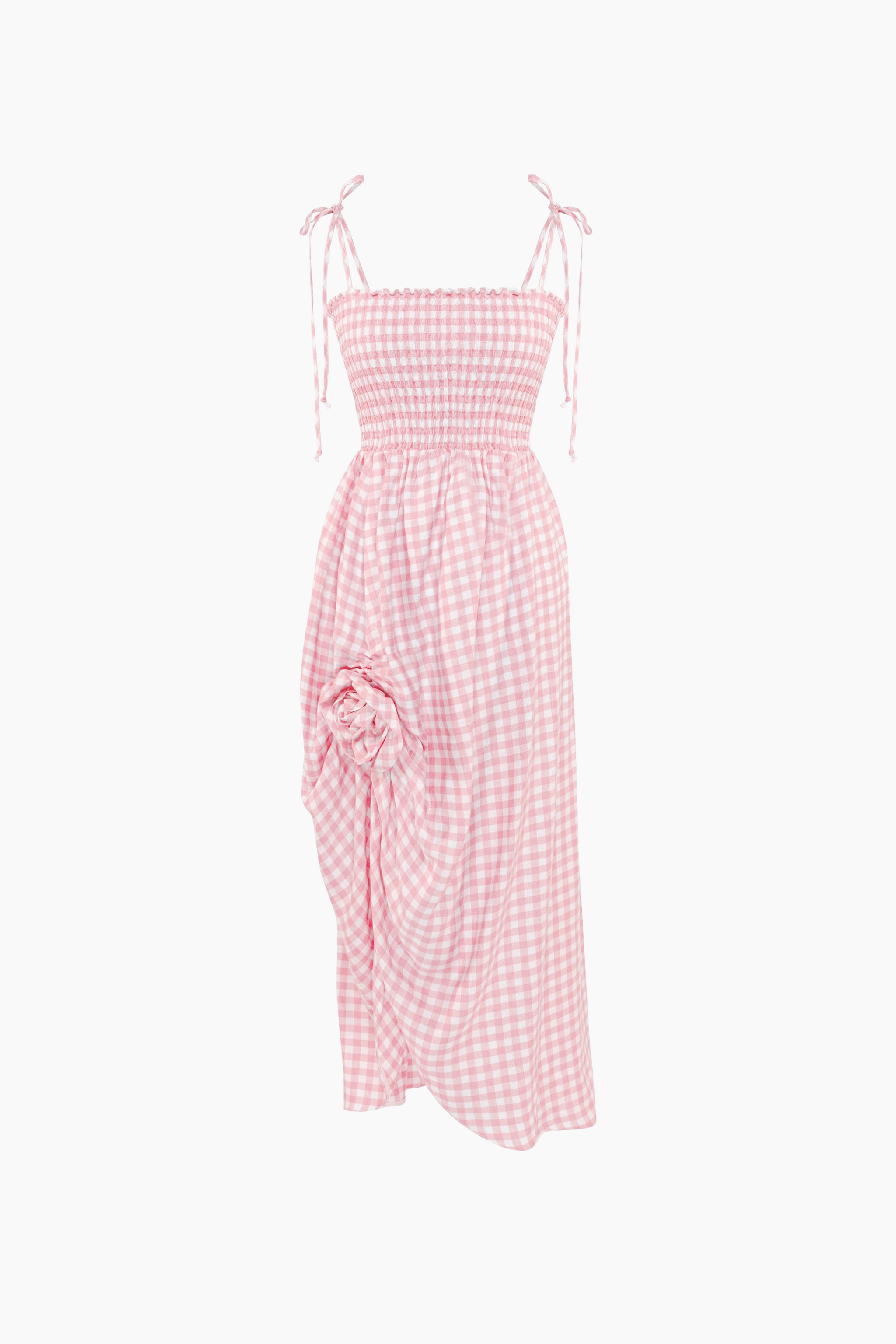Atlanta Linen Strap Dress with Rose Detail in Pink Vichy