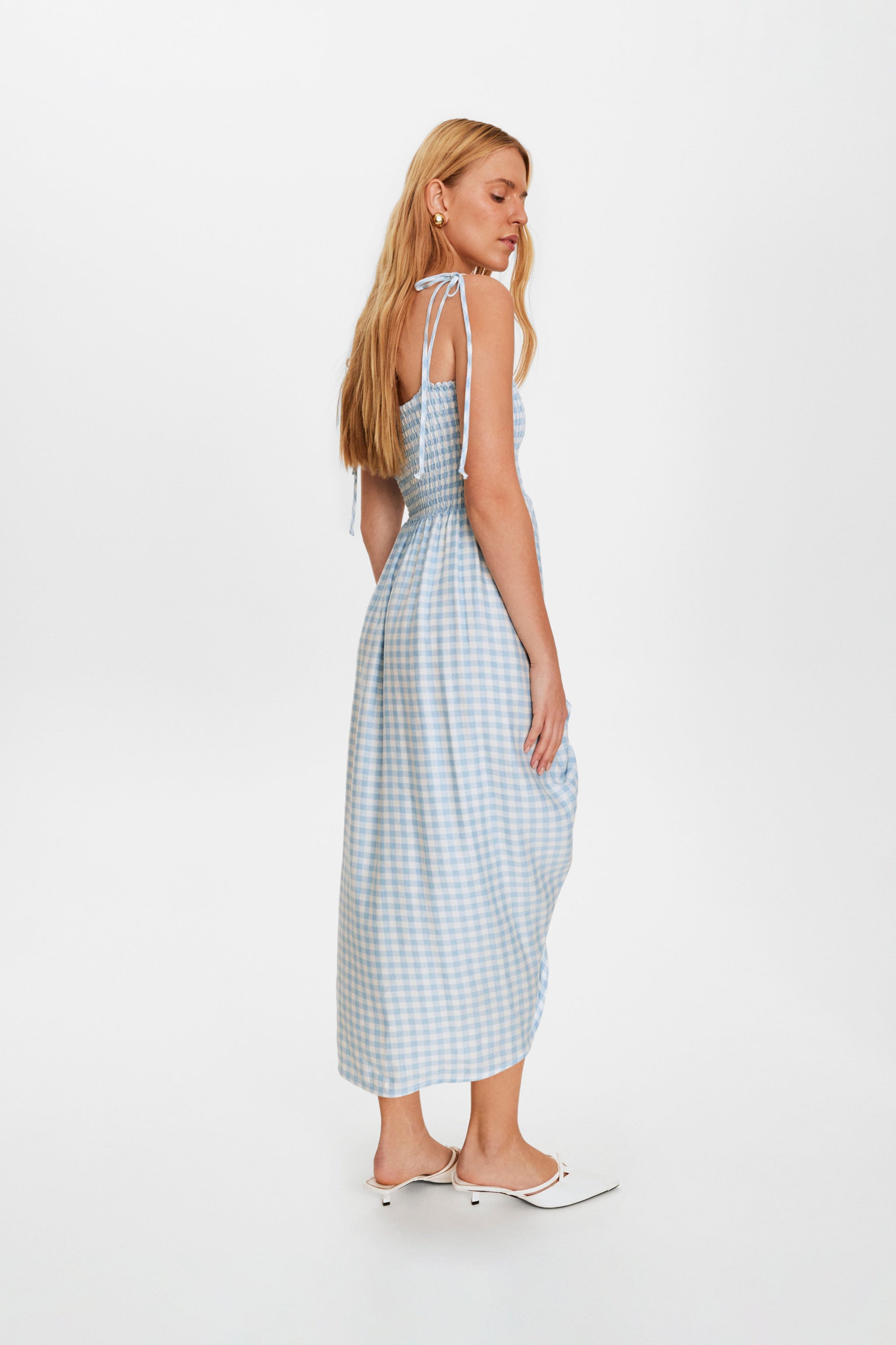 Atlanta Linen Strap Dress with Rose Detail in Blue Vichy