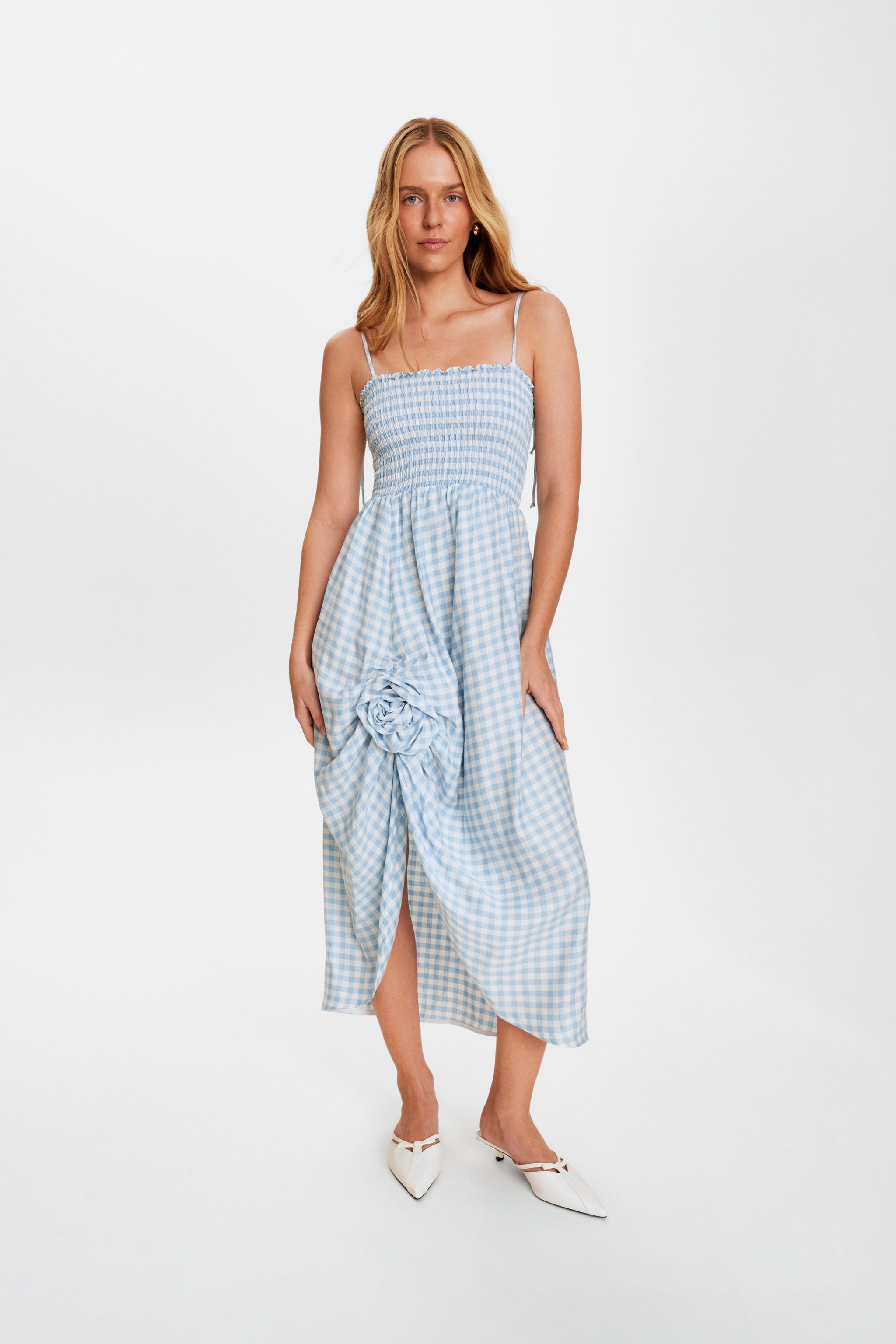 Atlanta Linen Strap Dress with Rose Detail in Blue Vichy