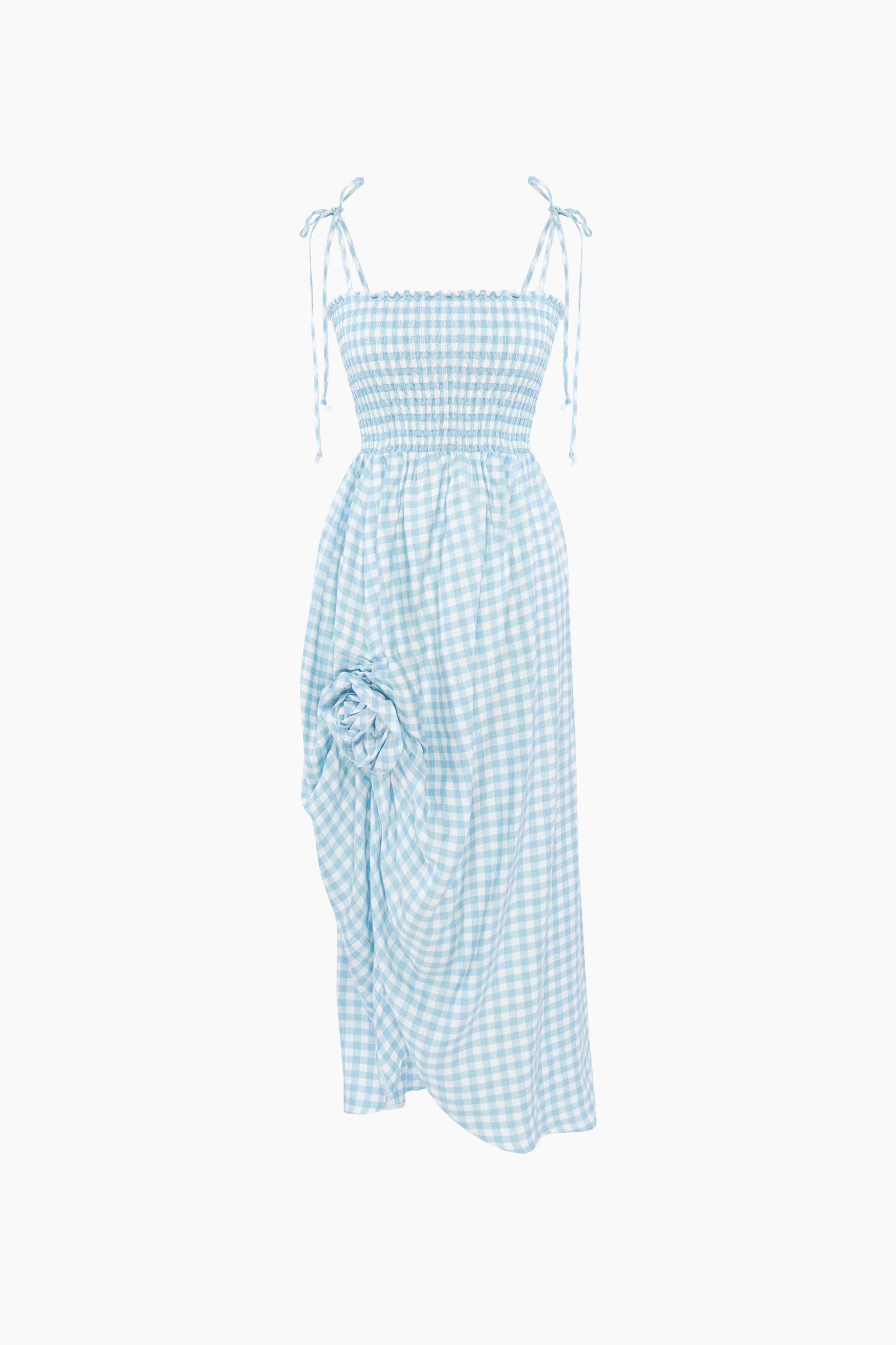 Atlanta Linen Strap Dress with Rose Detail in Blue Vichy