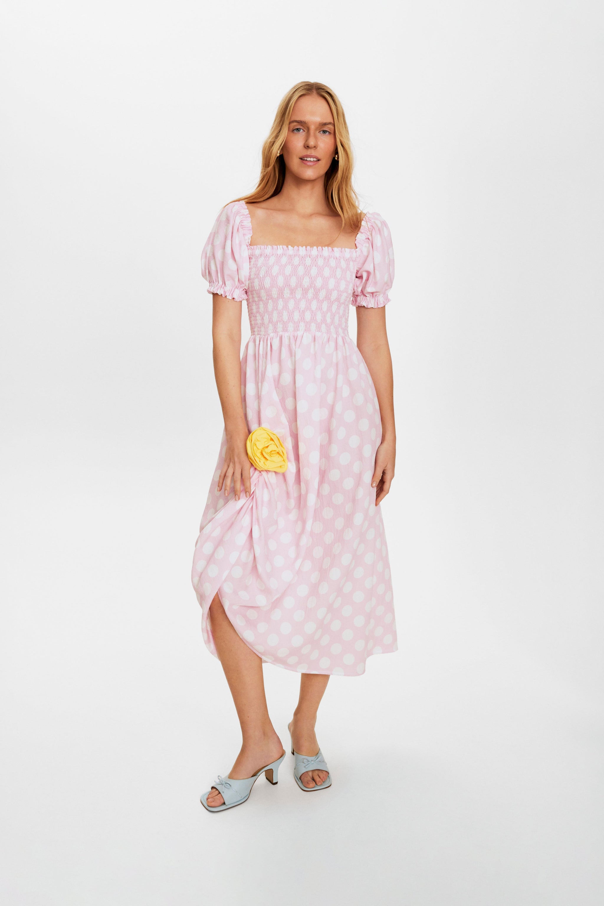 Belle Dress with Rose Detail in Pink Polka Dot